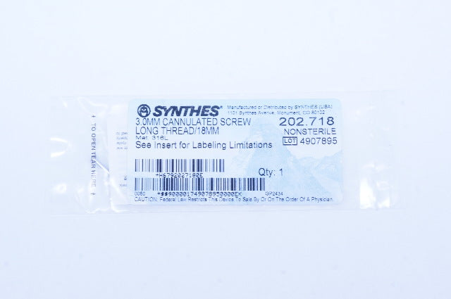 Synthes 202.718 3.0mm Cannulated Screw Long Thread 18mm