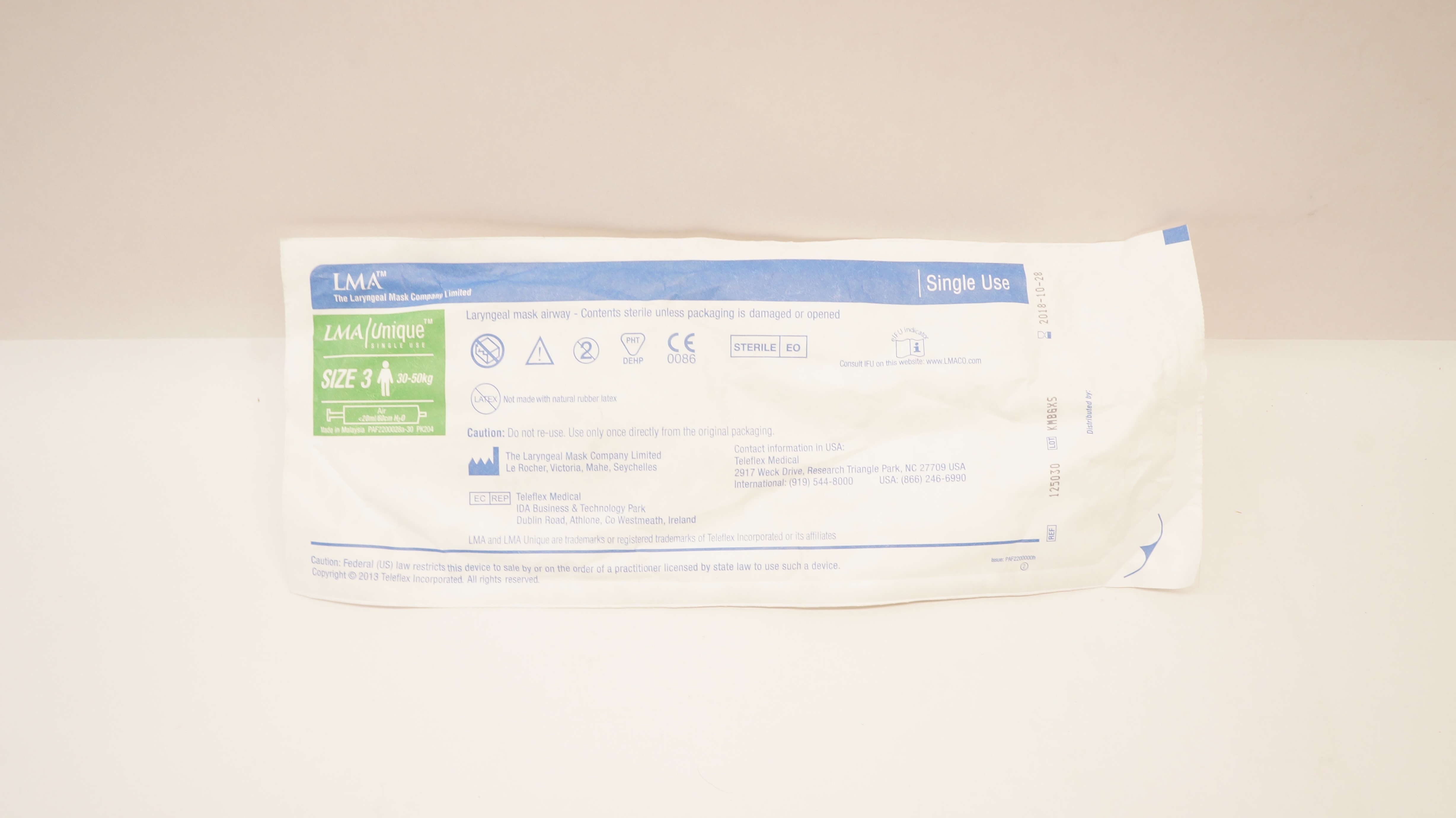 Teleflex 125030 LMA Unique Laryngeal Mask Airway Size 3, 30-50kg (x)