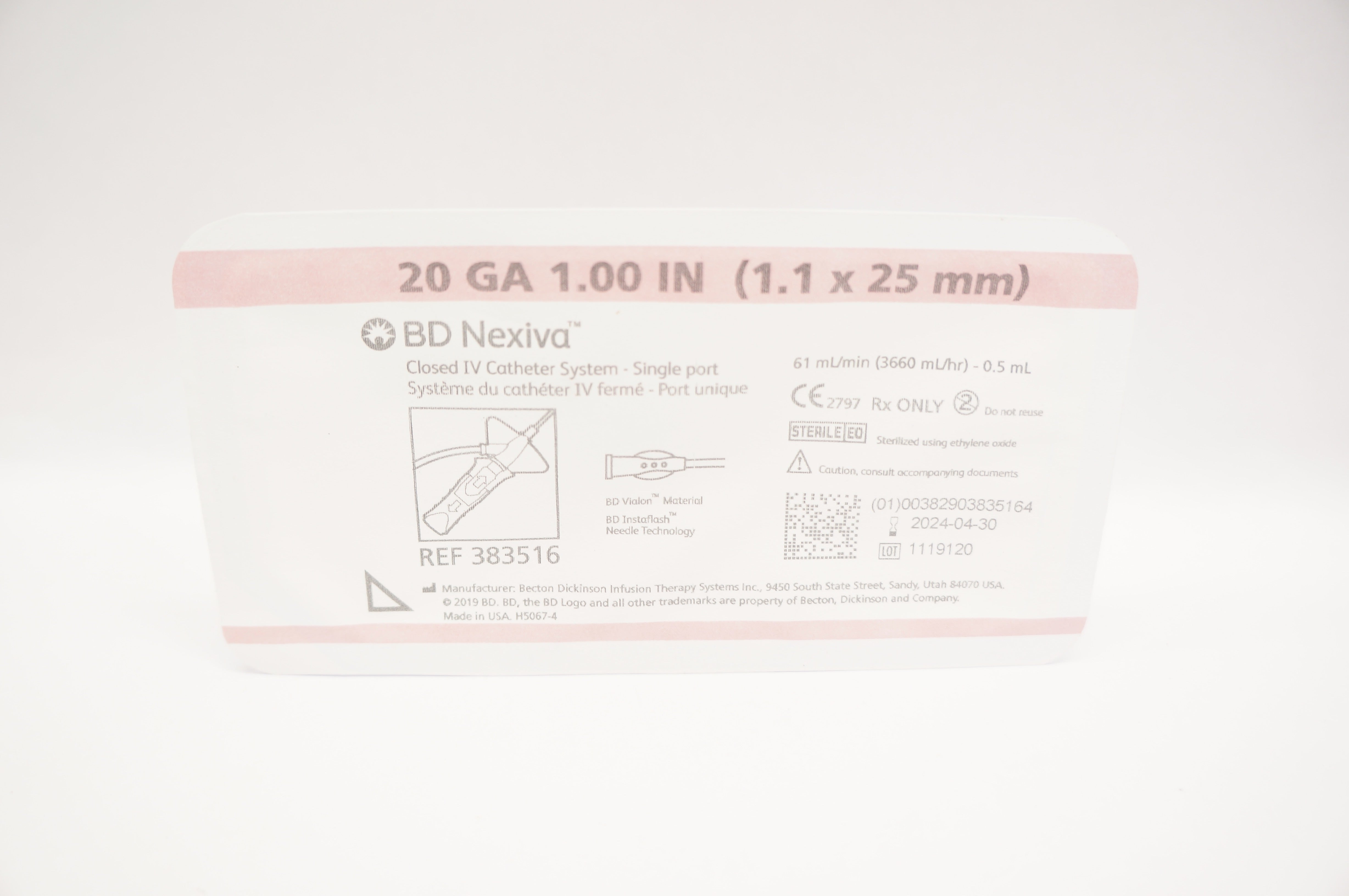 BD 383516 Nexiva Clodsed IV Cath. System - Single Port 20GA x 1.00inch 61mL/min