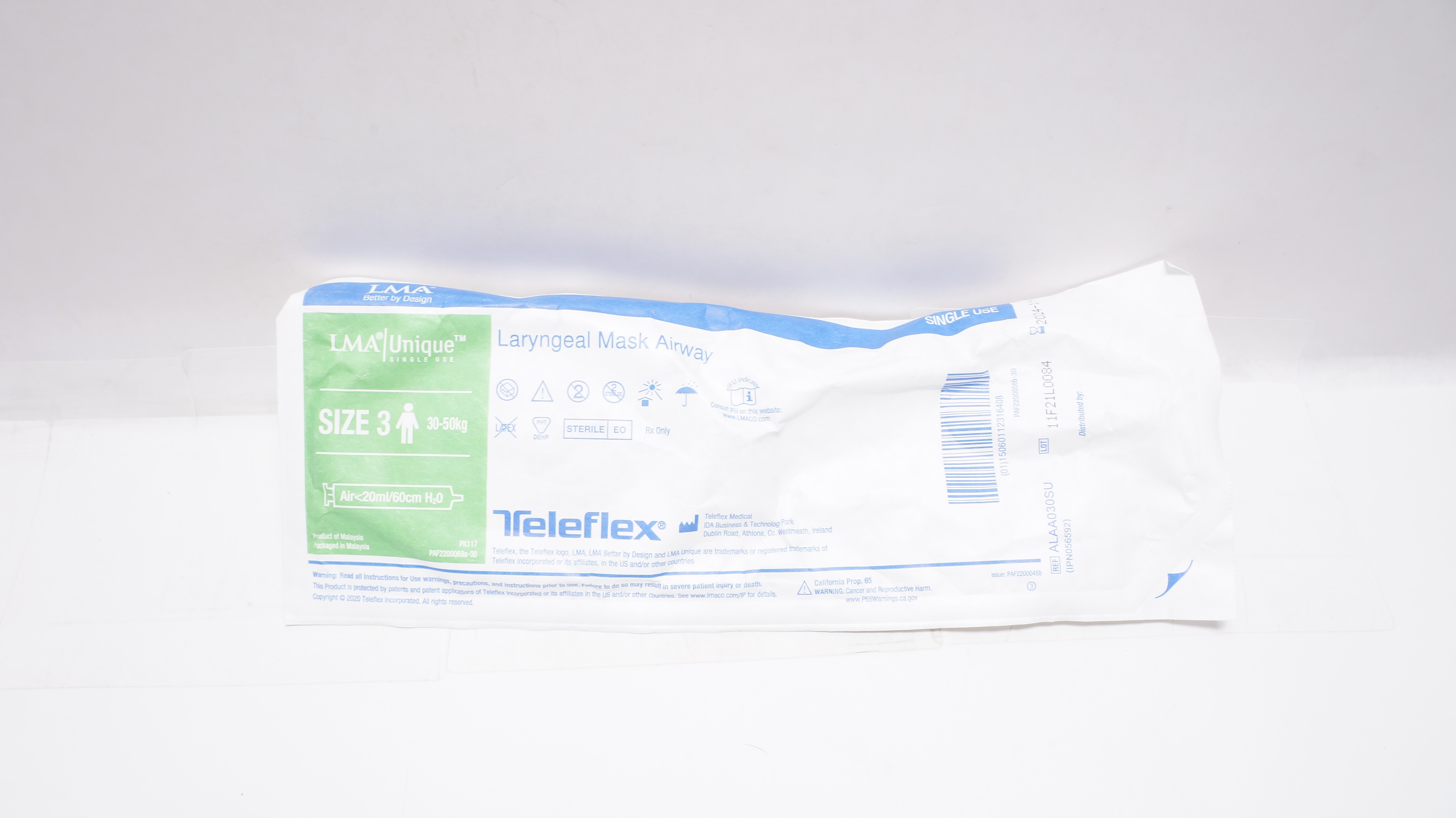 Teleflex ALAA030SU LMA Unique Laryngeal Mask Airway Size 3 30-50kg