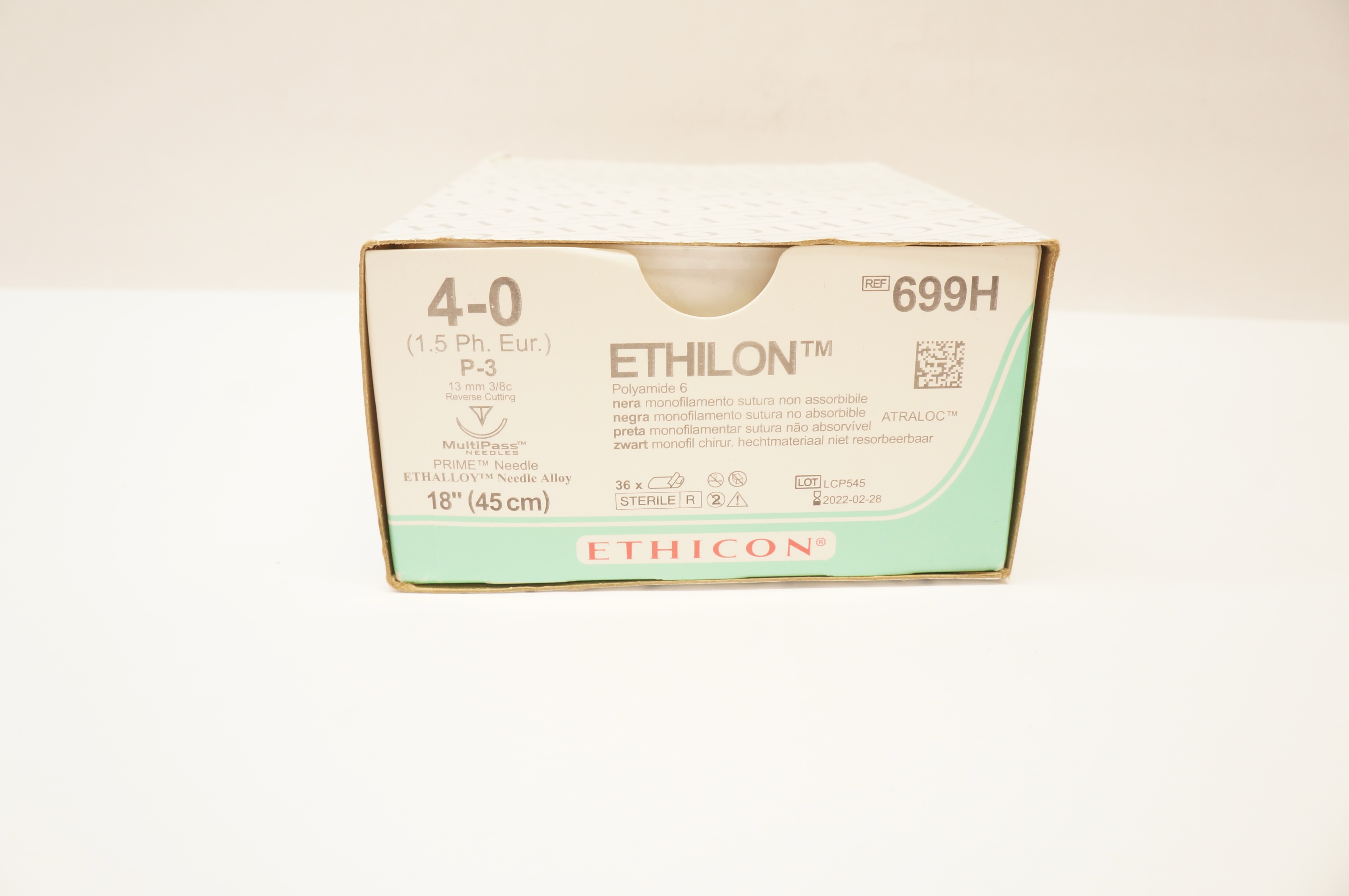 Ethicon 699H 4-0 Ethilon Stre P-3 13mm 3/8c Reverse Cutting 18inch (x)-Box of 36