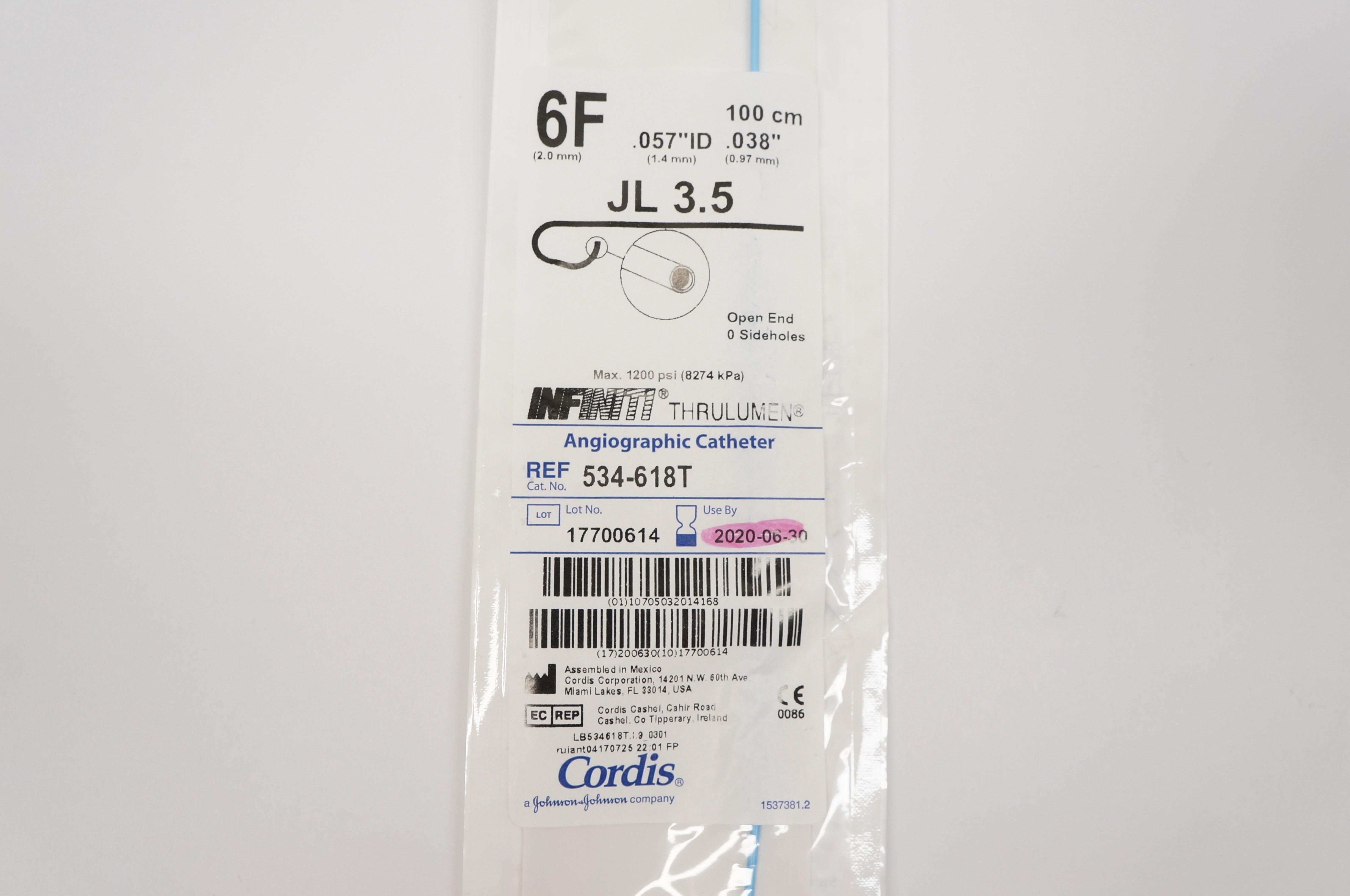 Cordis 534-618T Angiographic Cath. 6F x 100cm x 0.97mm x 1.4mm JL 3.5(x)
