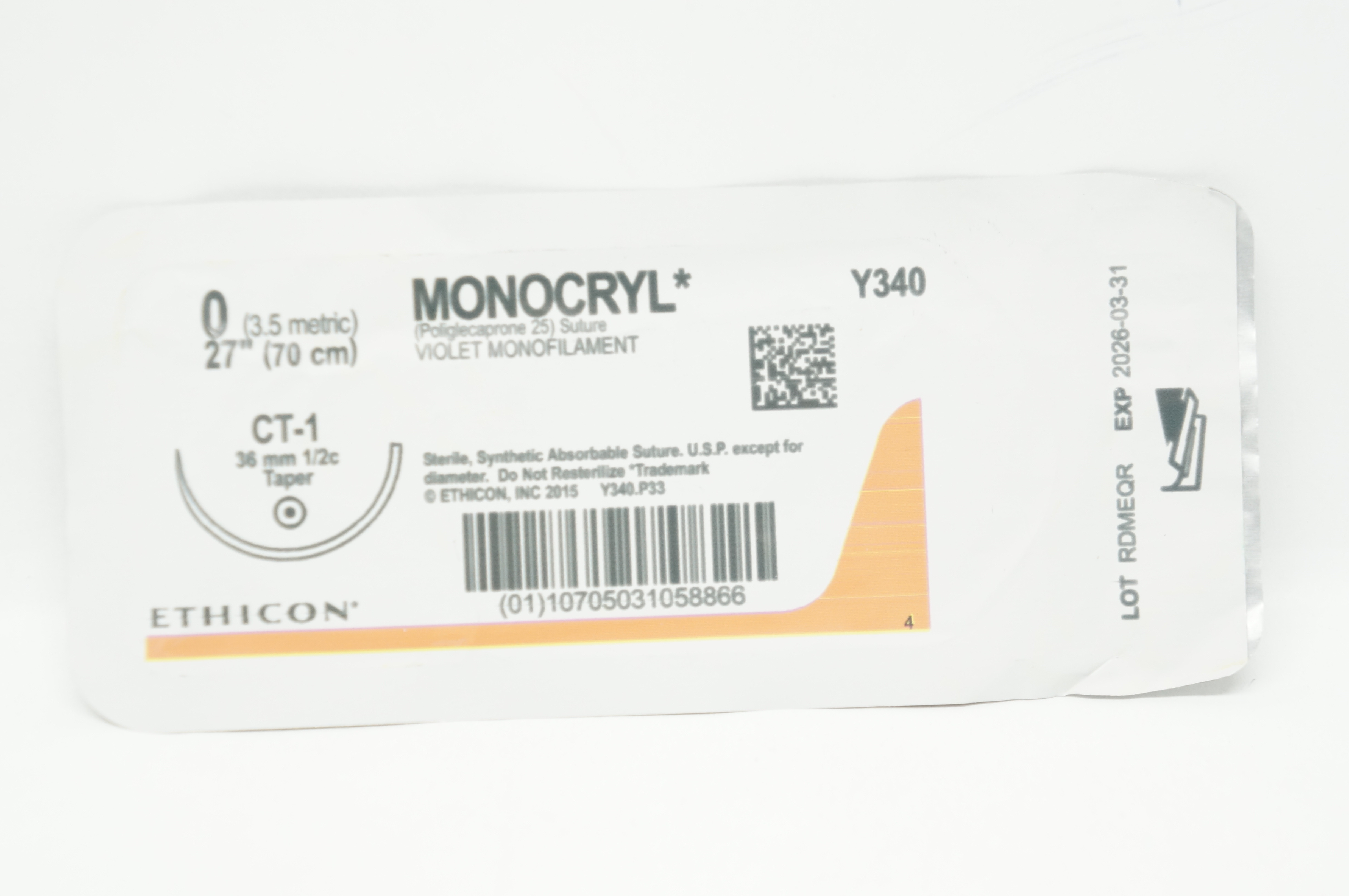 Ethicon Y340 0 MONOCRYL Violet Monofilament Stre CT-1 36mm 1/2c Taper, 27inch