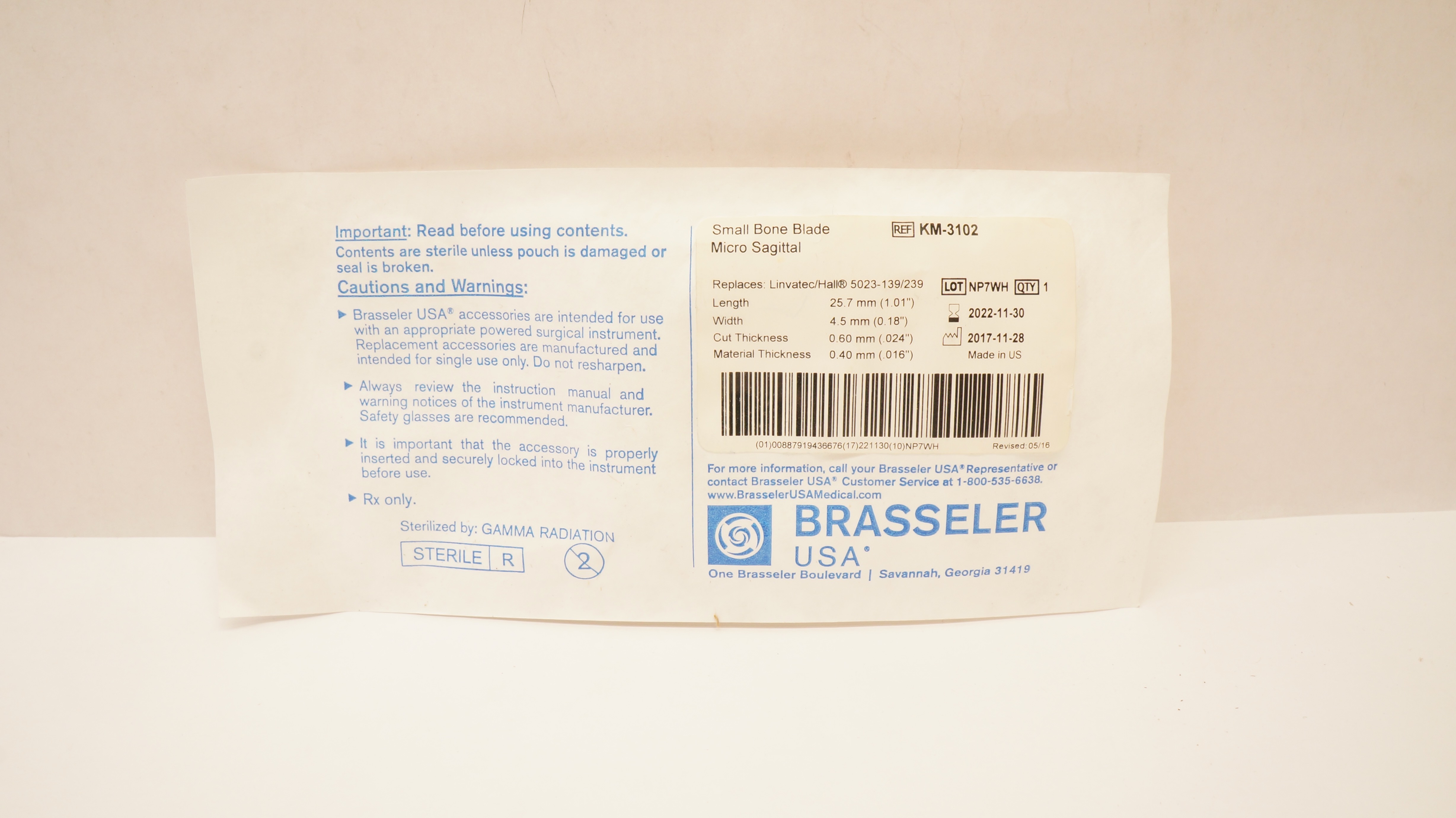 Brasseler KM-3102 Small Bone Blade Micro Sagittal 1.01 x 0.18 x .024 x .016in(x)