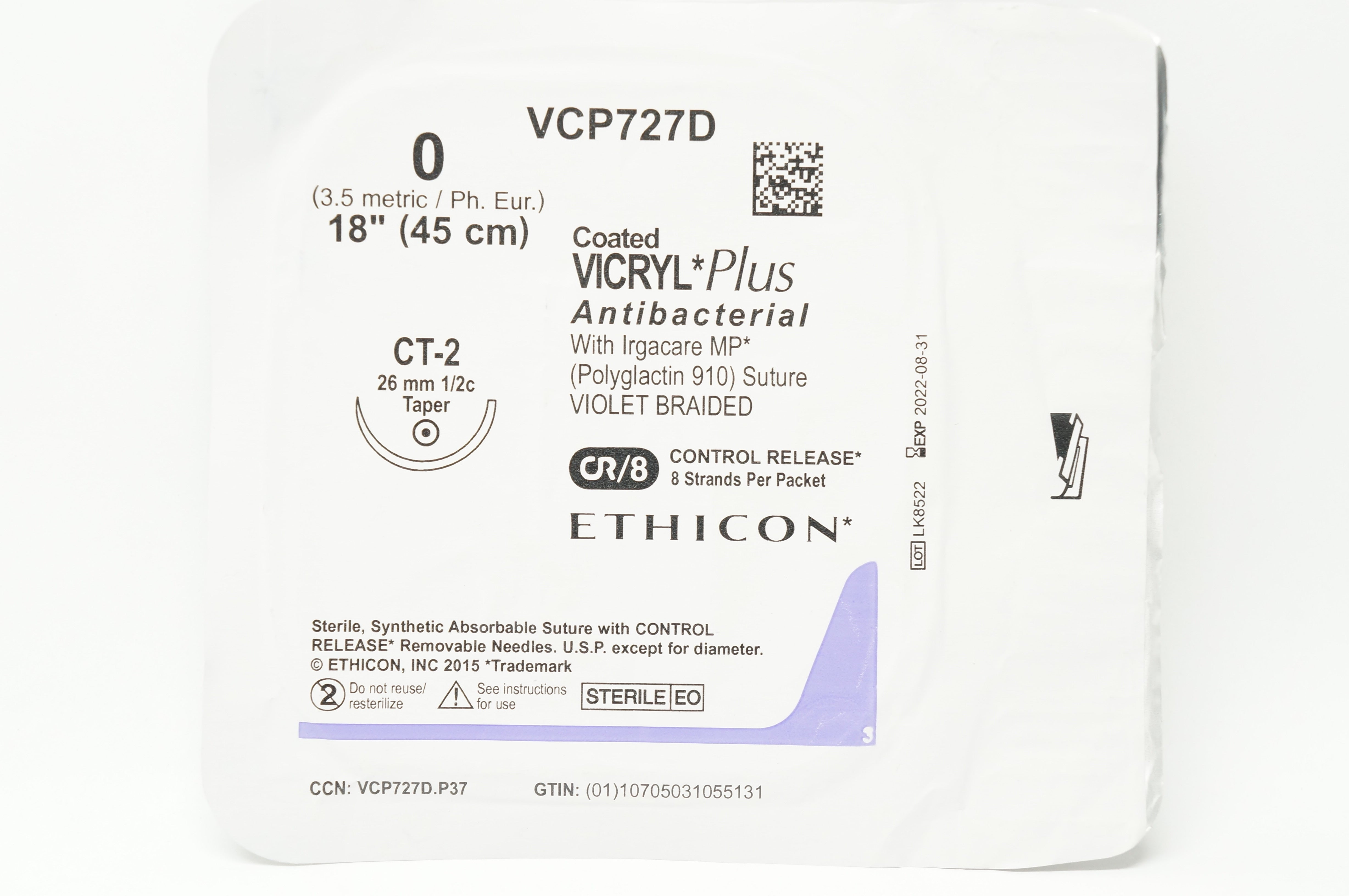 Ethicon VCP727D 0 Coated VICRYL Plus Stre CT-2 26mm 1/2c Taper, 18inch