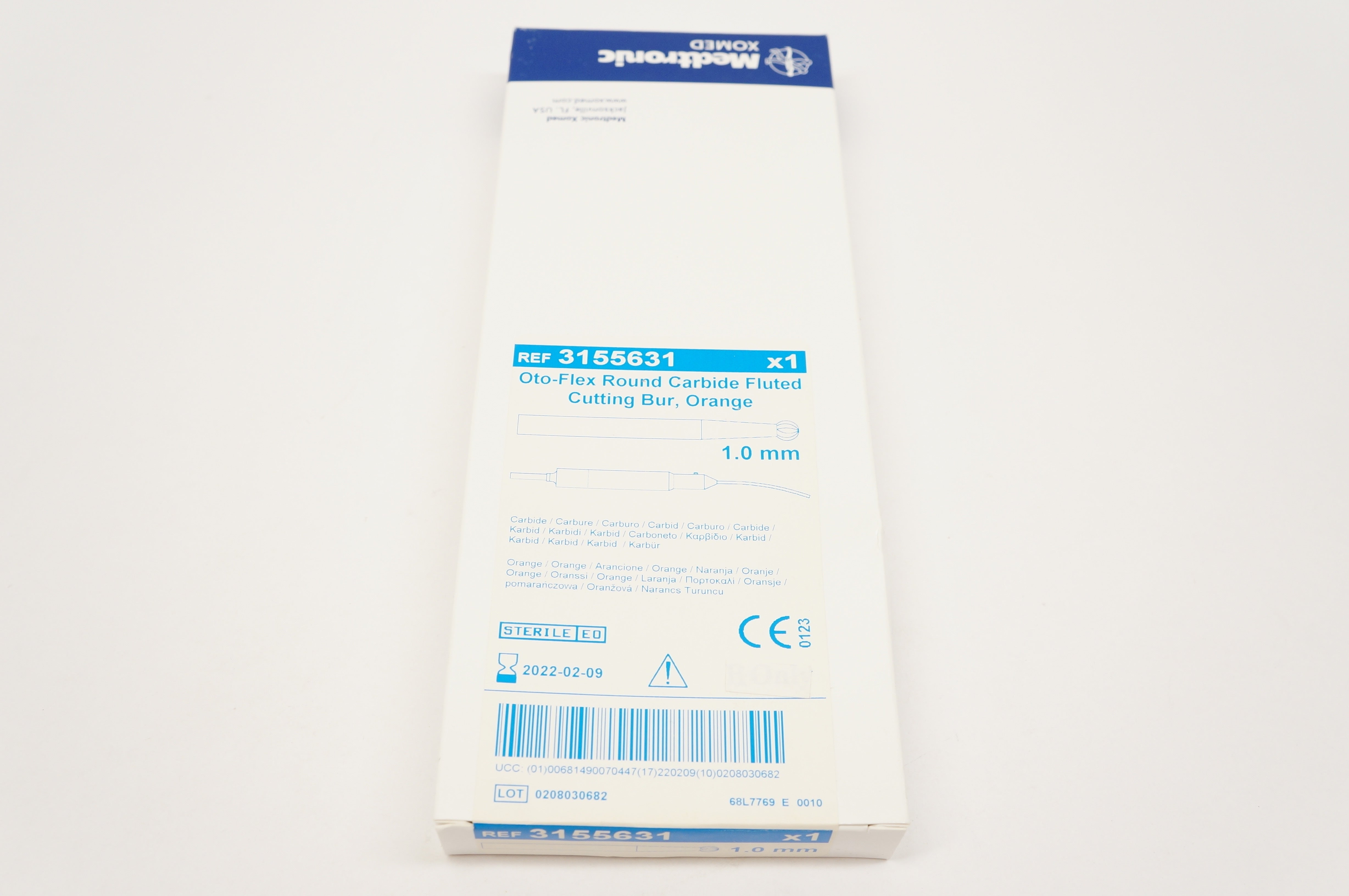 Medtronic 3155631 Oto-Flex Round Carbide Fluted Cutting Bur, Orange 1.0 mm