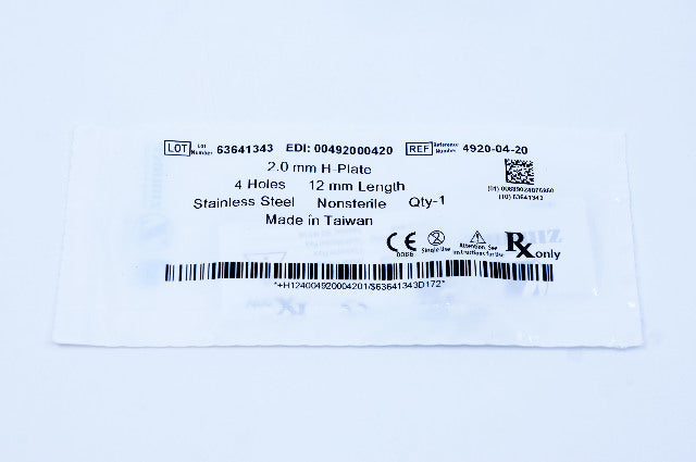 Zimmer 4920-04-20 2.0mm H-Plate, 4 Holes, 12mm Length