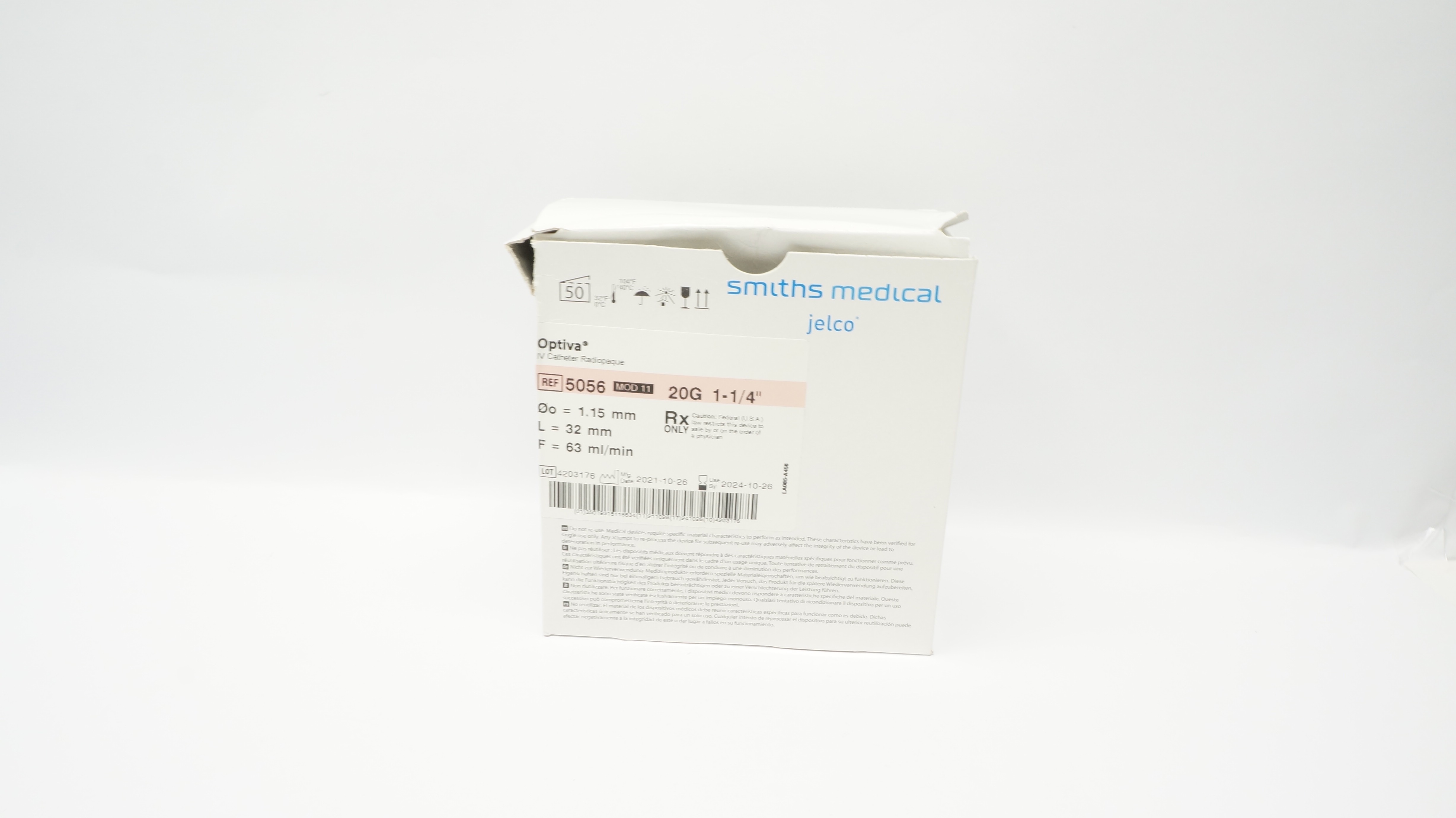 Smiths Medical 5056 Jelco Optiva IV Cath. Radiopaque 20Gx1-1/4inch(x) -Box of 34