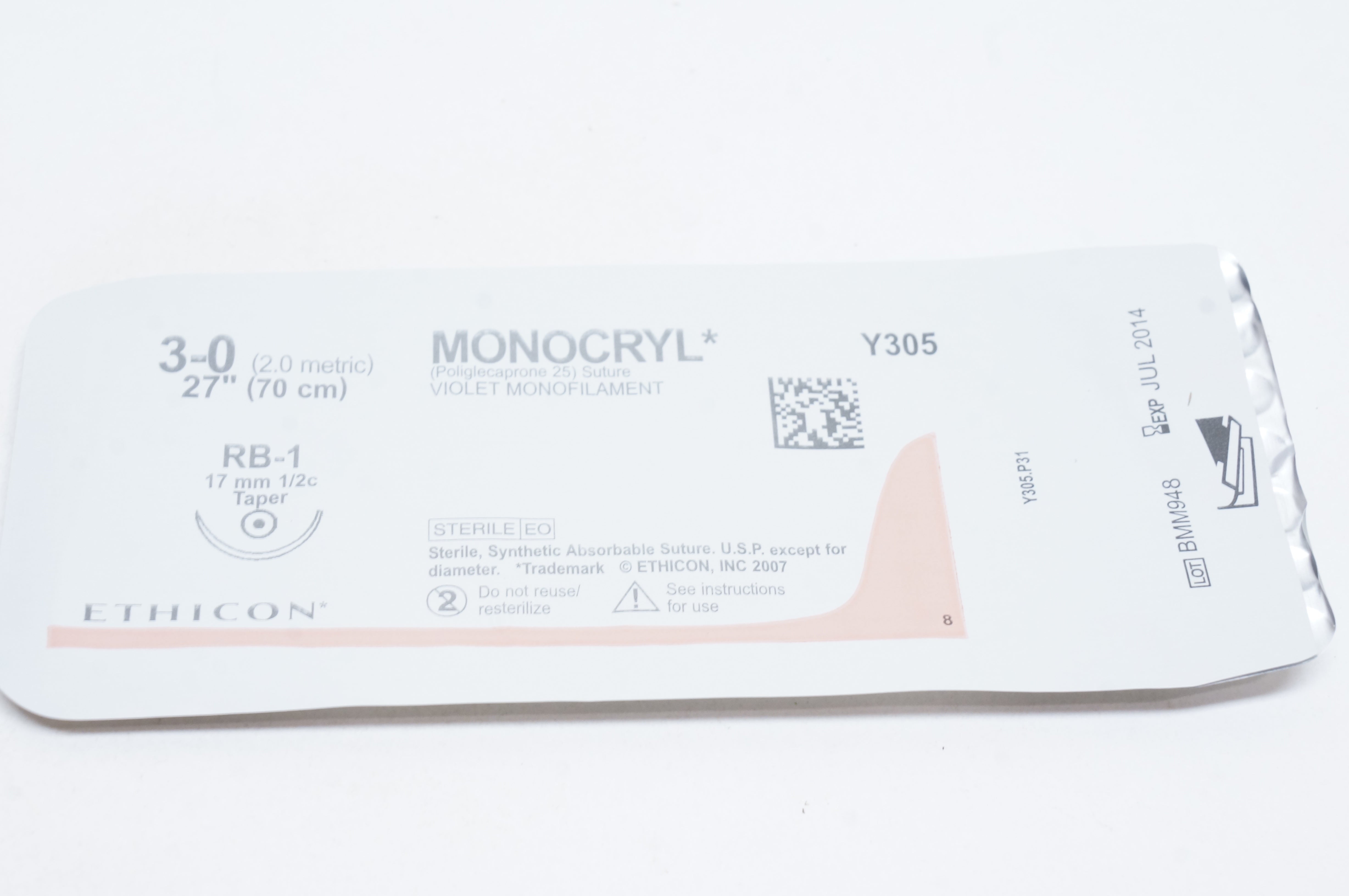 Ethicon Y305 3-0 MONOCRYL, RB-1, 17mm 1/2c Taper, 27inch (x)