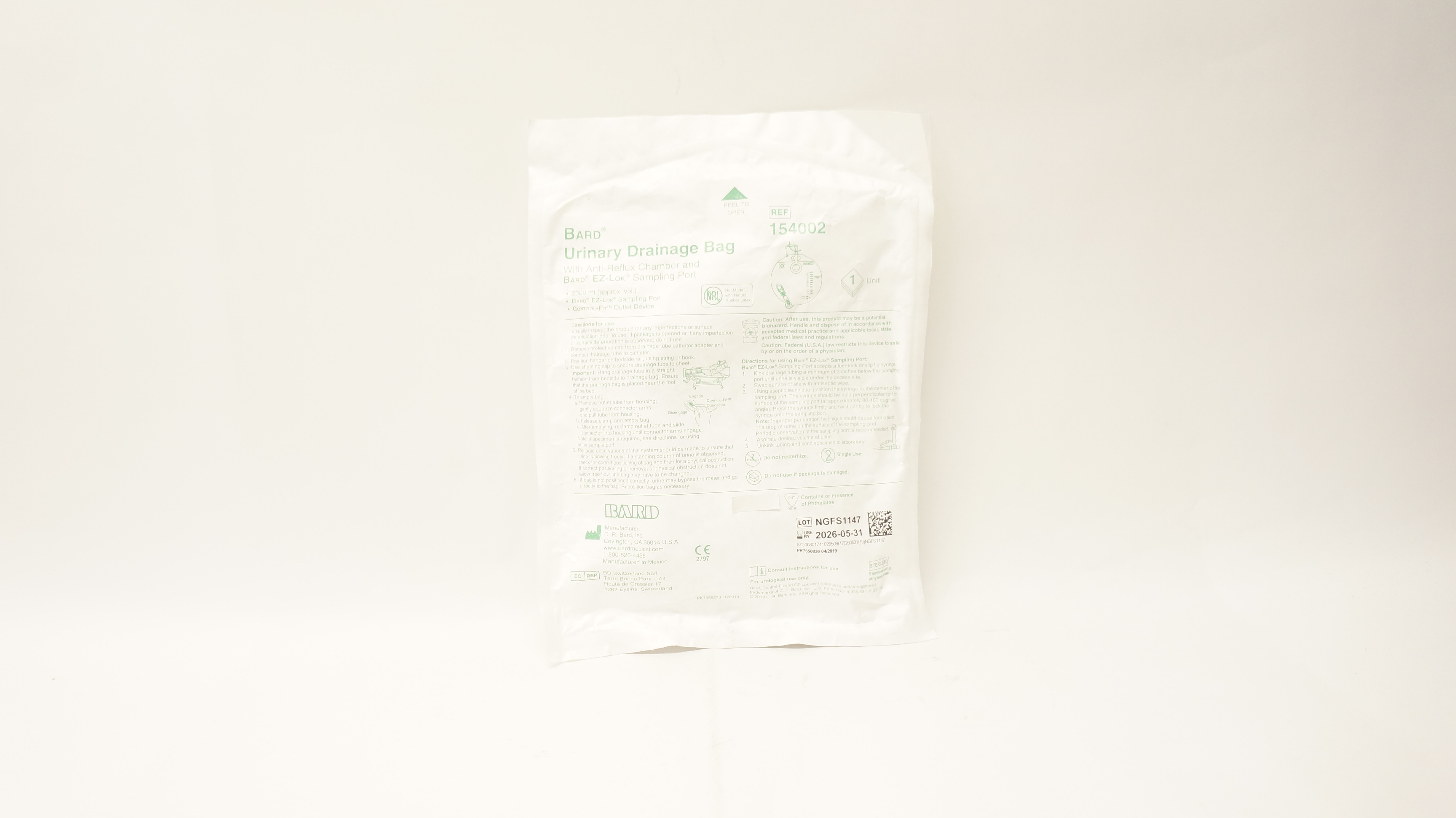 Bard 154002 Urinary Drainage Bag with Anti-Reflux Chamber & Sampling Port 2000ml