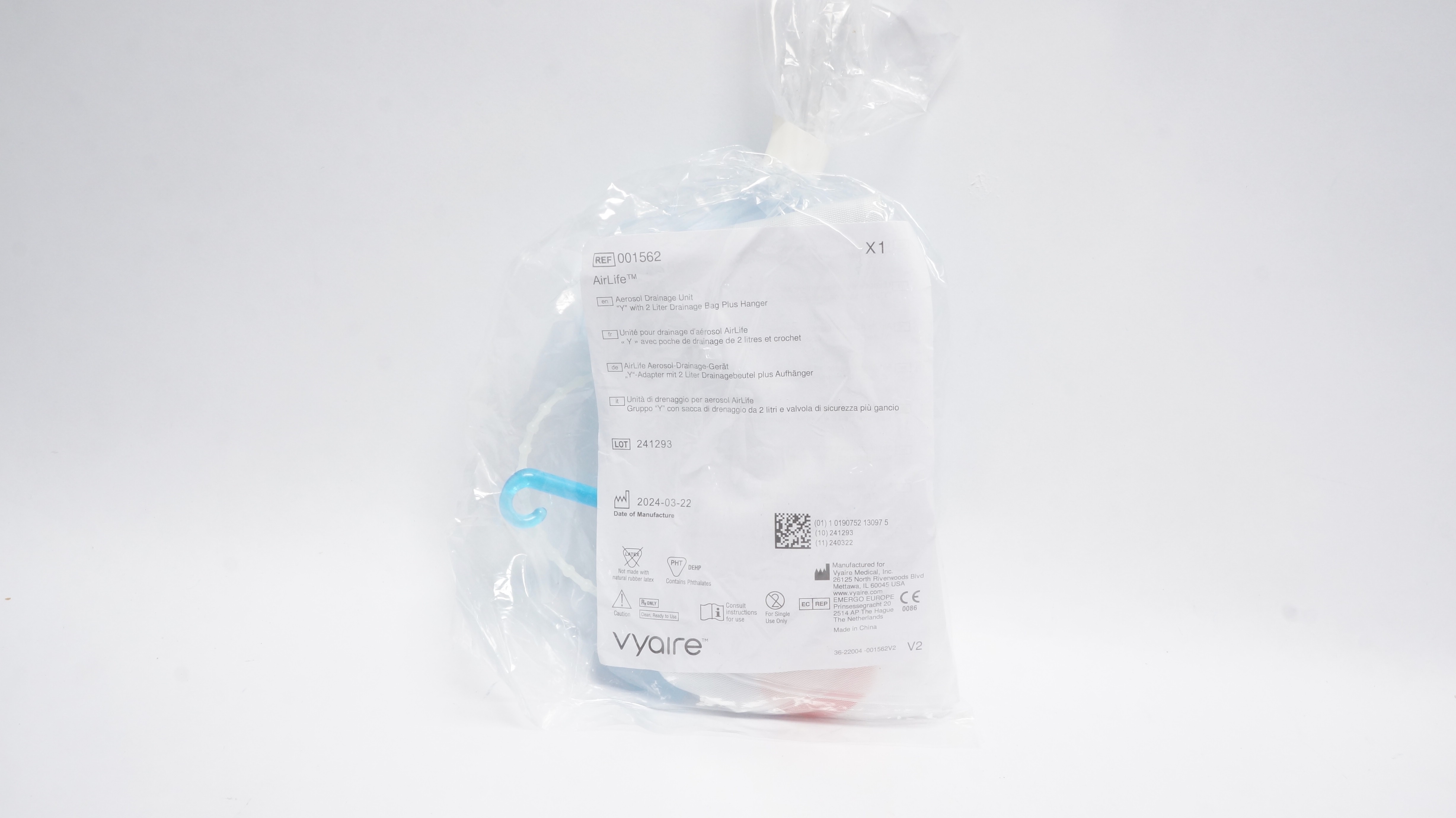Vyaire 001562 AIrLife Aerosol Drainage Unite "Y" W/2 Liter Drainage Bag + Hanger