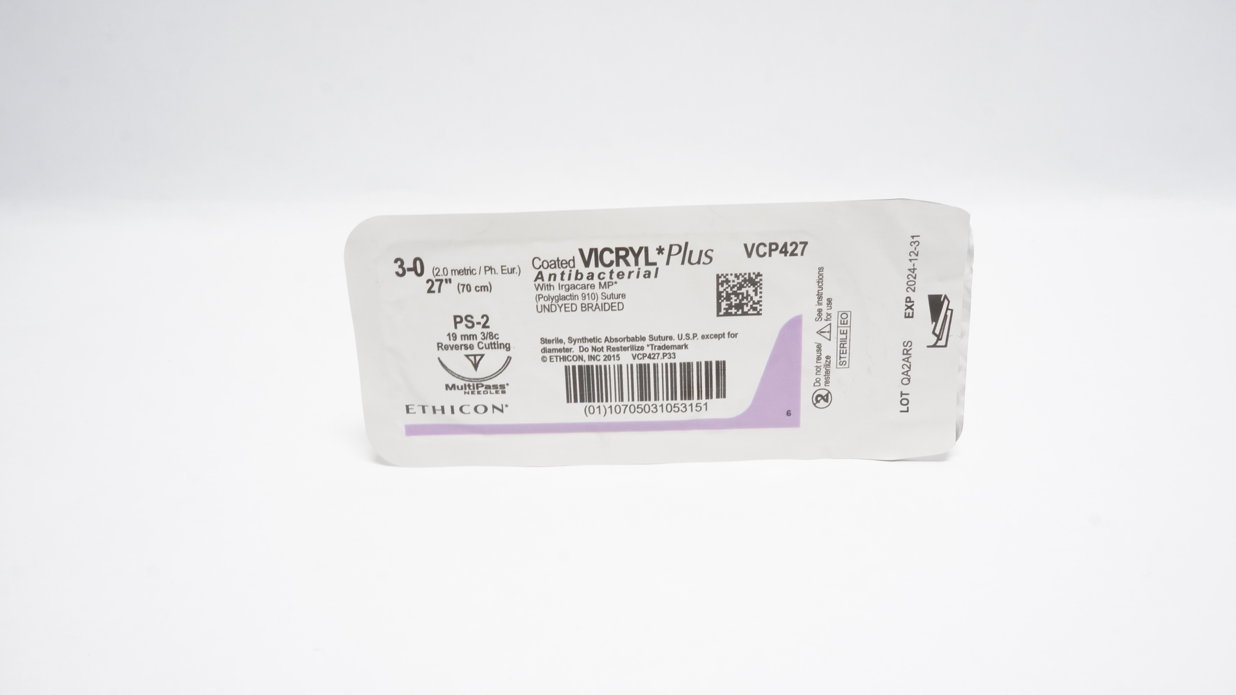 Ethicon VCP427 3-0 VICRYL Plus, W/ Irgacare MP Stre PS-2, 19mm 3/8c, 27inch (x)