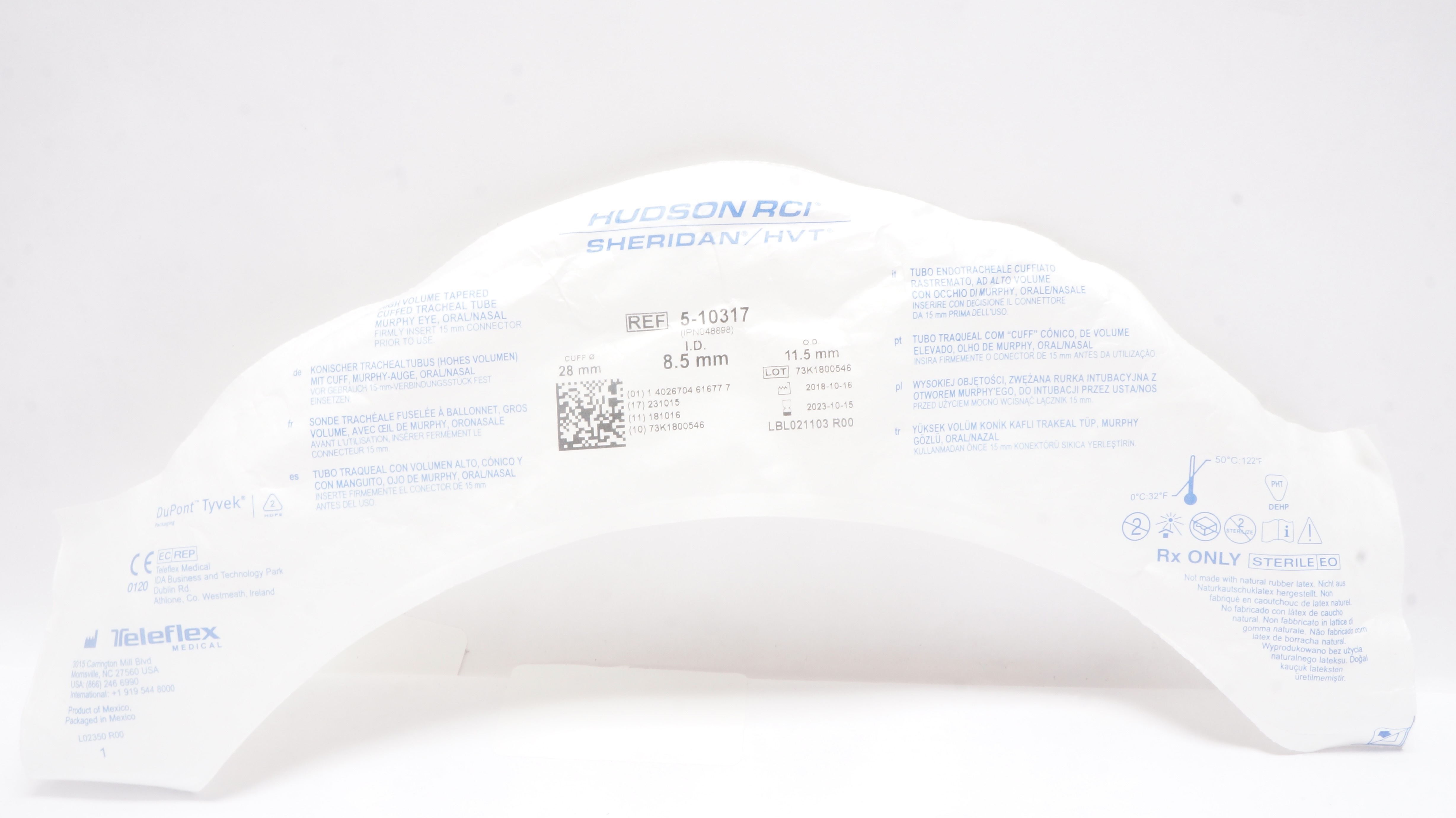 Teleflex 5-10317 High Volume Tapered Cuffed Tracheal Tube 8.5mm ID x 11.5mm OD