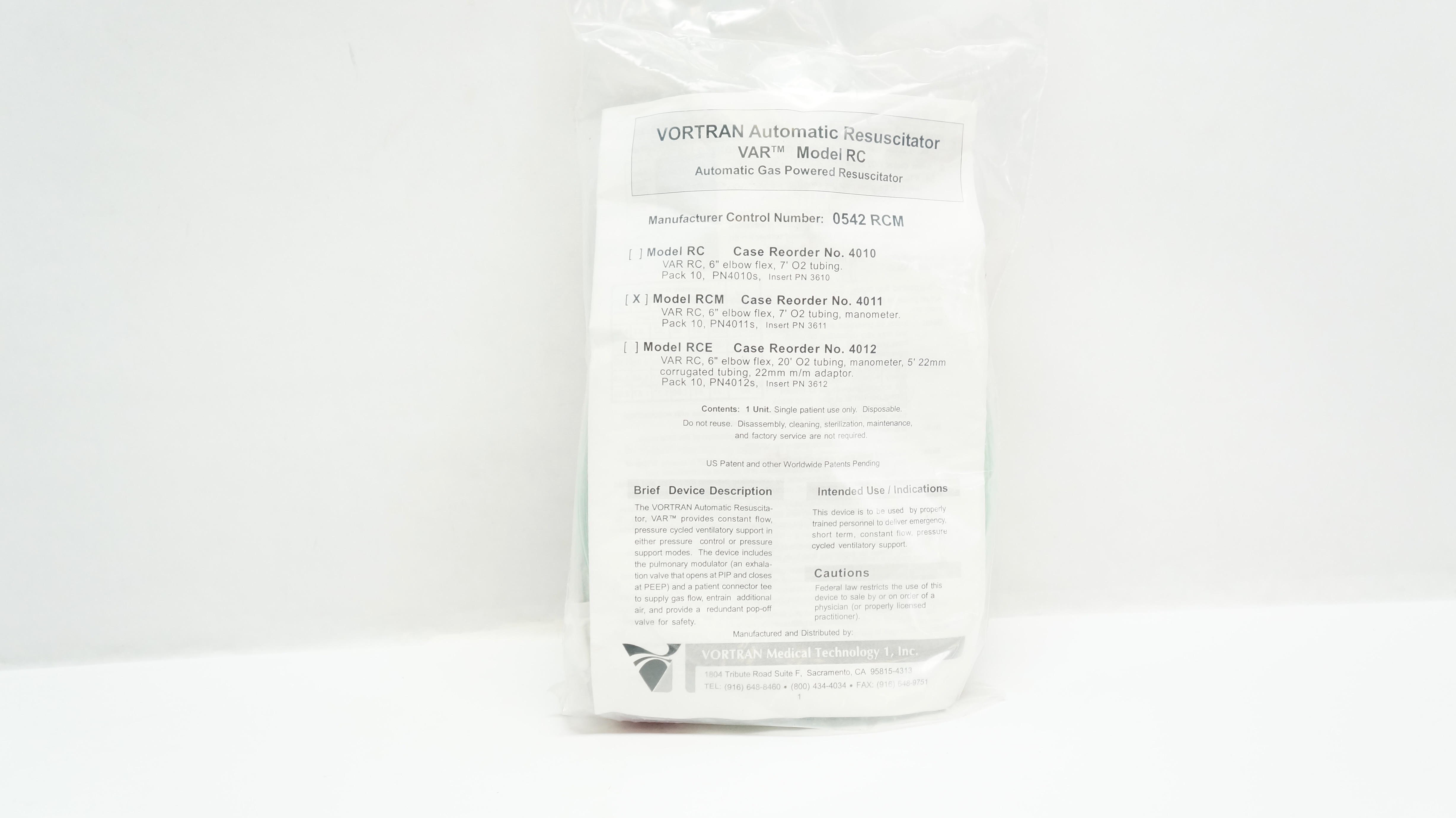 Vortran Medical 4010 VAR RC Automatic Resuscitator 6inch Elbow Flex, 7ft. Tubing