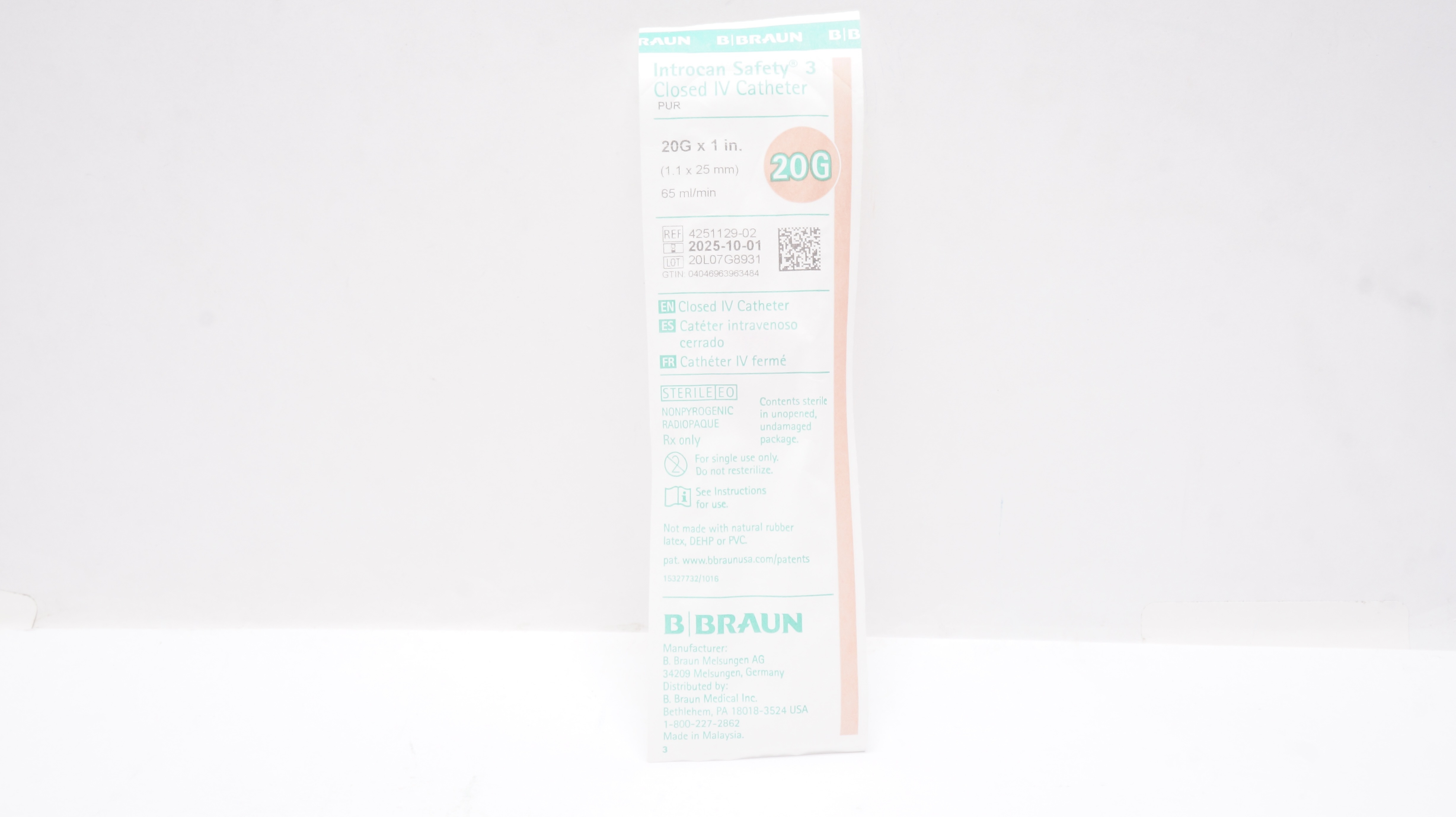 Braun 4251129-02 Introcan Safety 3 Closed IV Cath. PUR 20G x 1 inch x 65mL/min