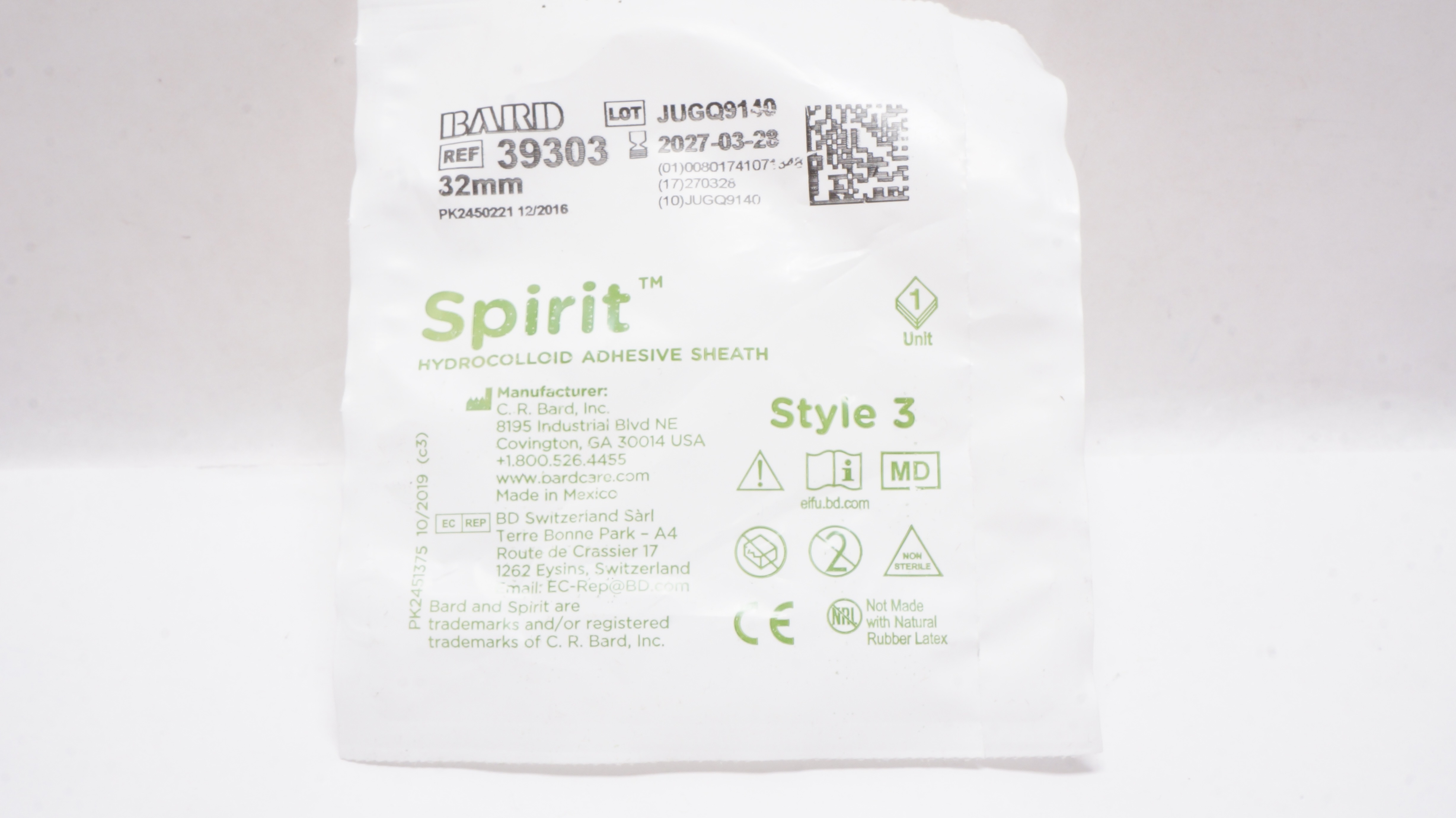 Bard 39303 Spirit Hydrocolloid Adhesive Sheath Style 3, 32mm
