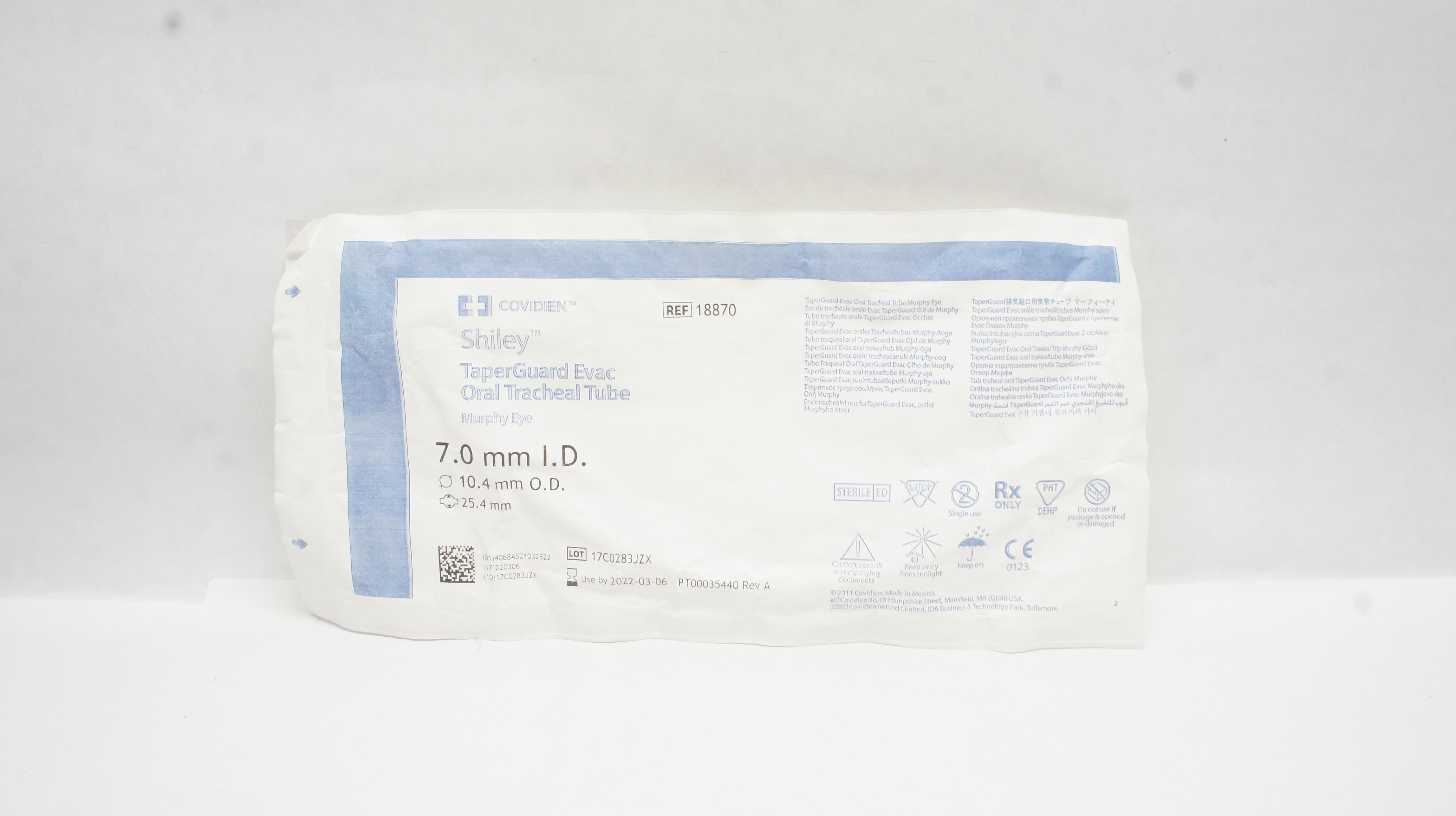 Covidien 18870 Shiley TaperGuard Evac Oral Tracheal Tube 7.0IDx10.4OD x25.4mm(x)