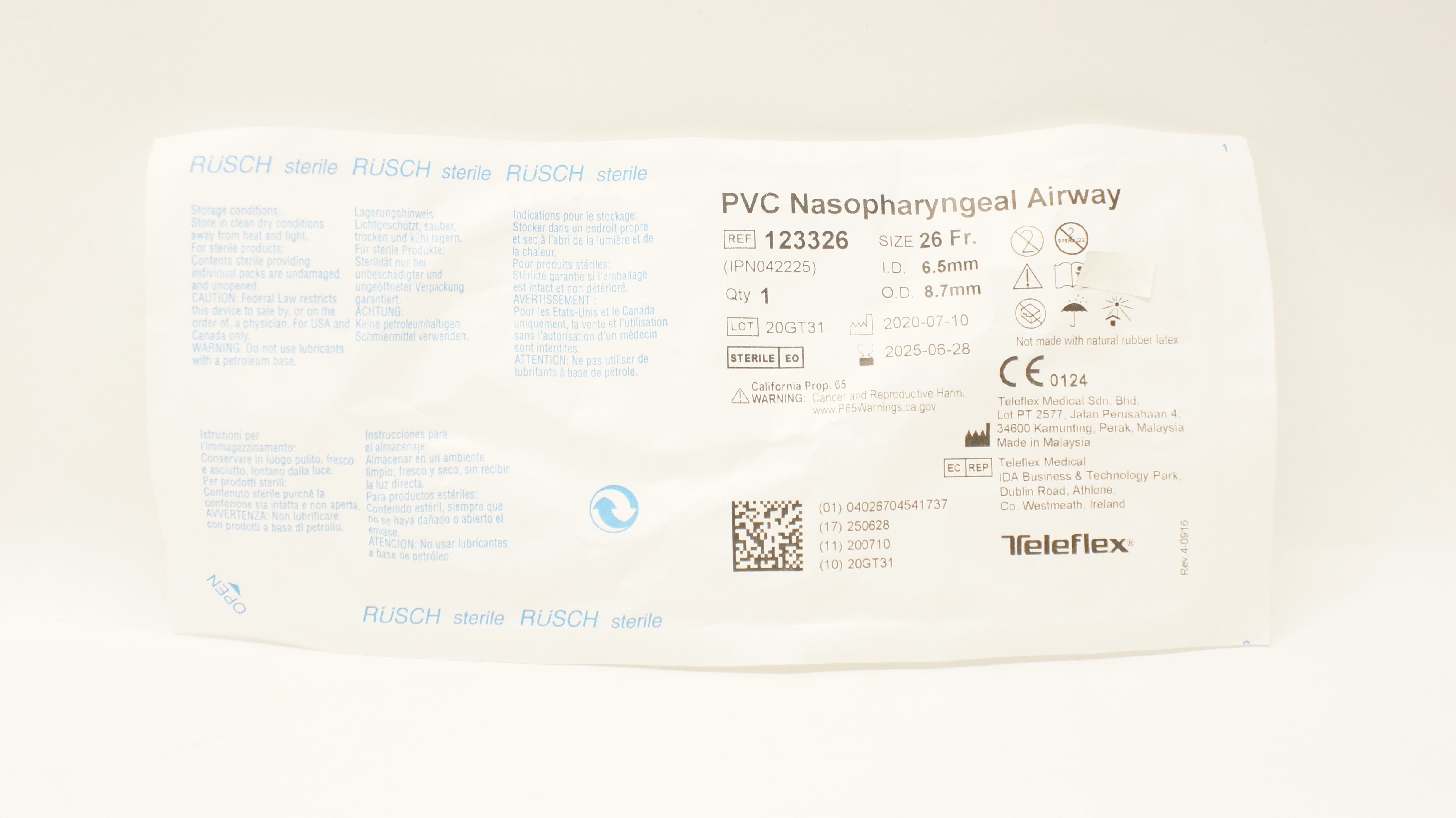 Teleflex 123326 Rusch PVC Nasopharyngeal Airway 26Fr. x 6.5mm ID x 8.7mm OD
