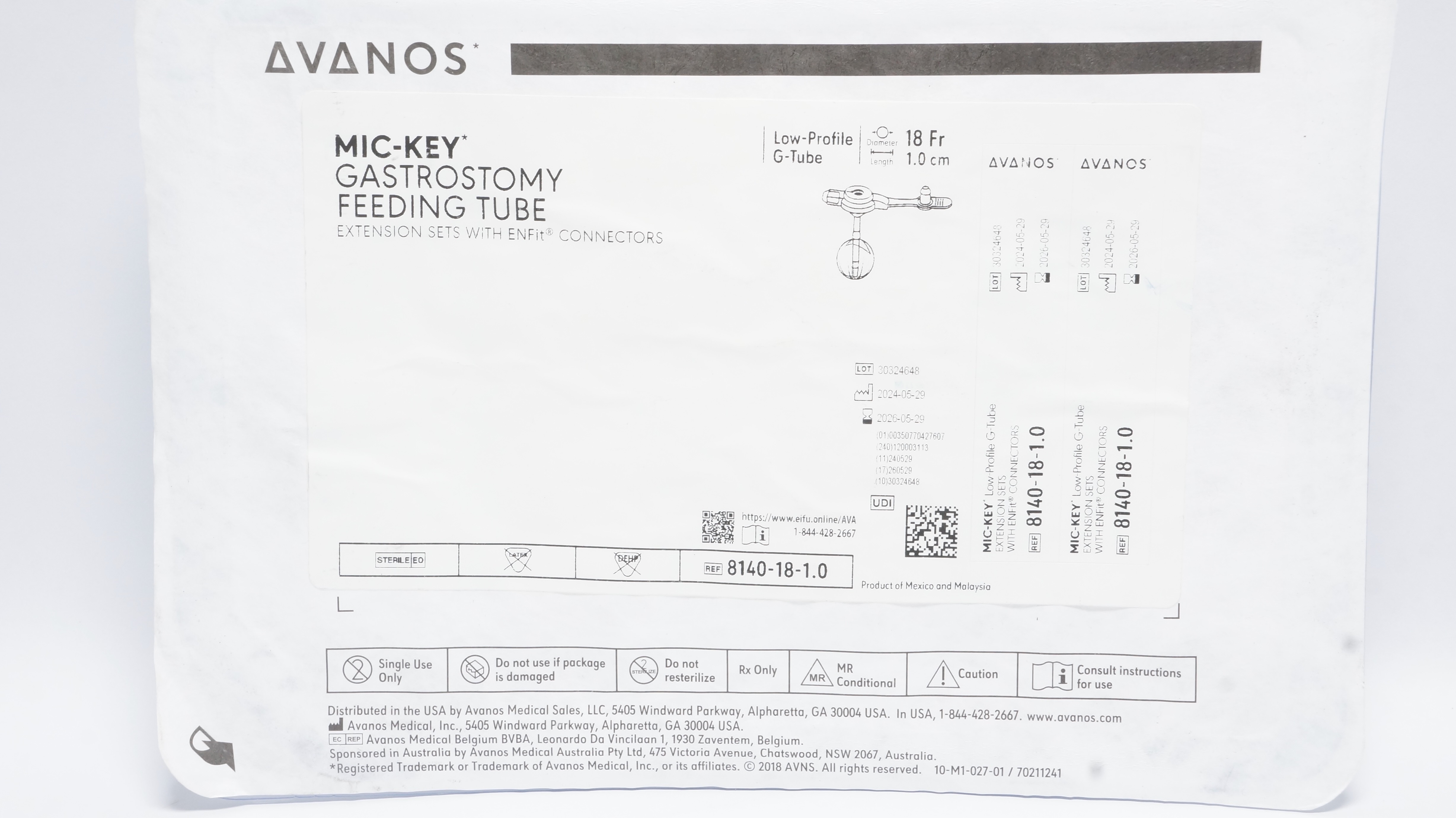 Avanos 8140-18-1.0 Mic-Key Gastrostomy Feeding Tube 18Fr x 1.0cm (x)