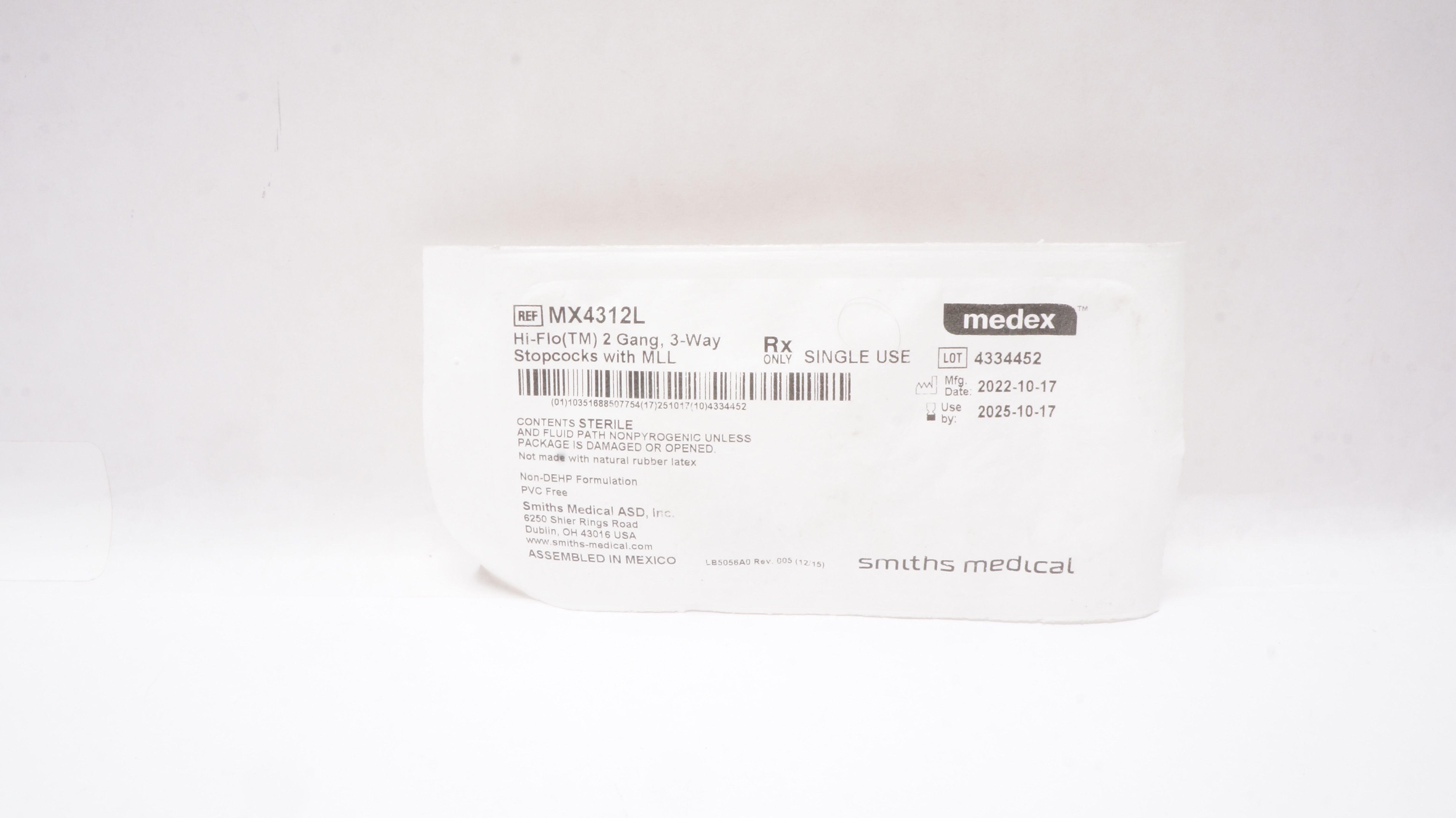 Smiths Medical MX4312L Medex Hi-Flo 2 Gang 3-Way Stopcocks with MLL