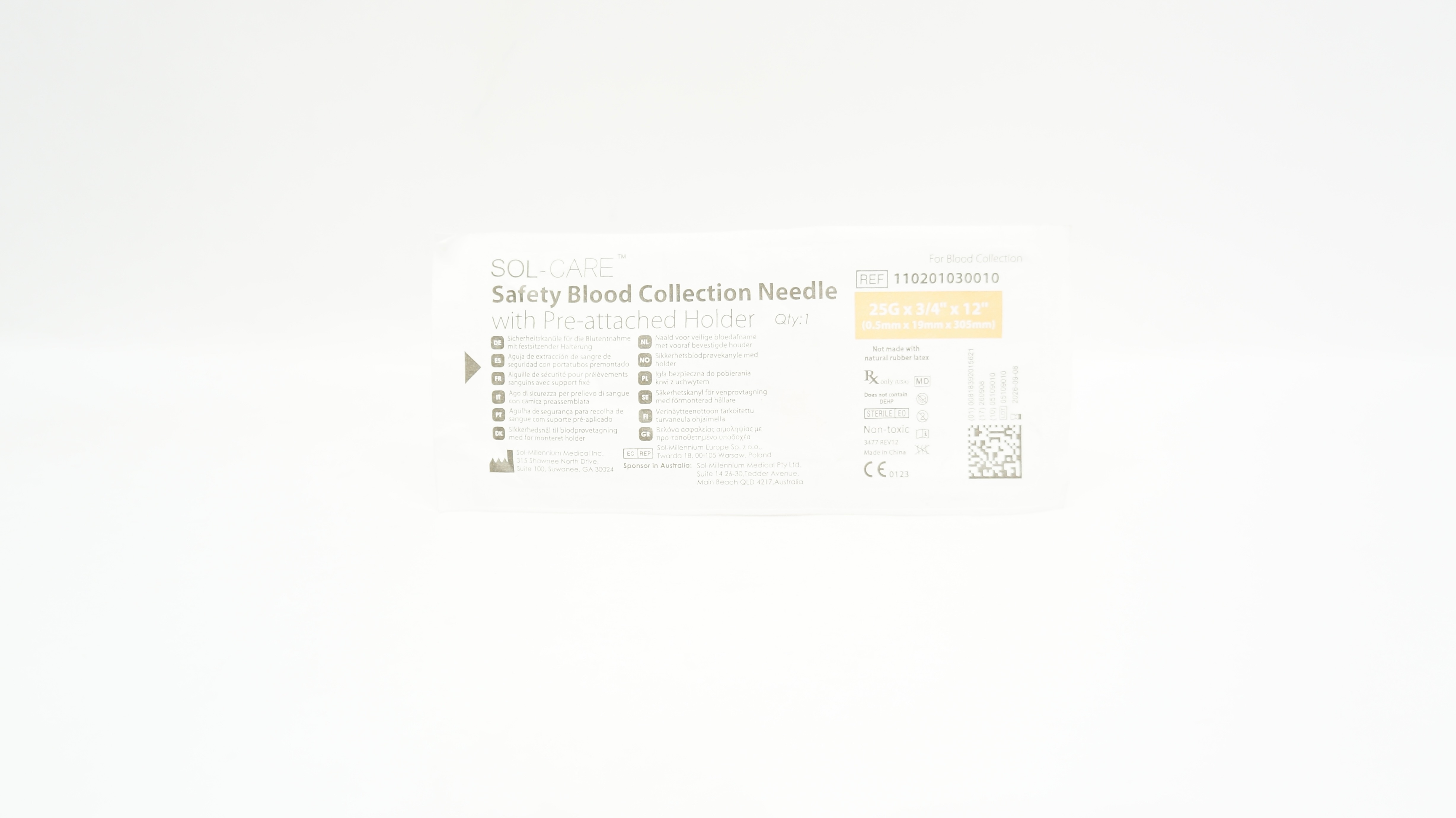 Sol-Millennium 110201030010 Sol-Care Blood Collection Ndle 25G x 3/4 x 12inch