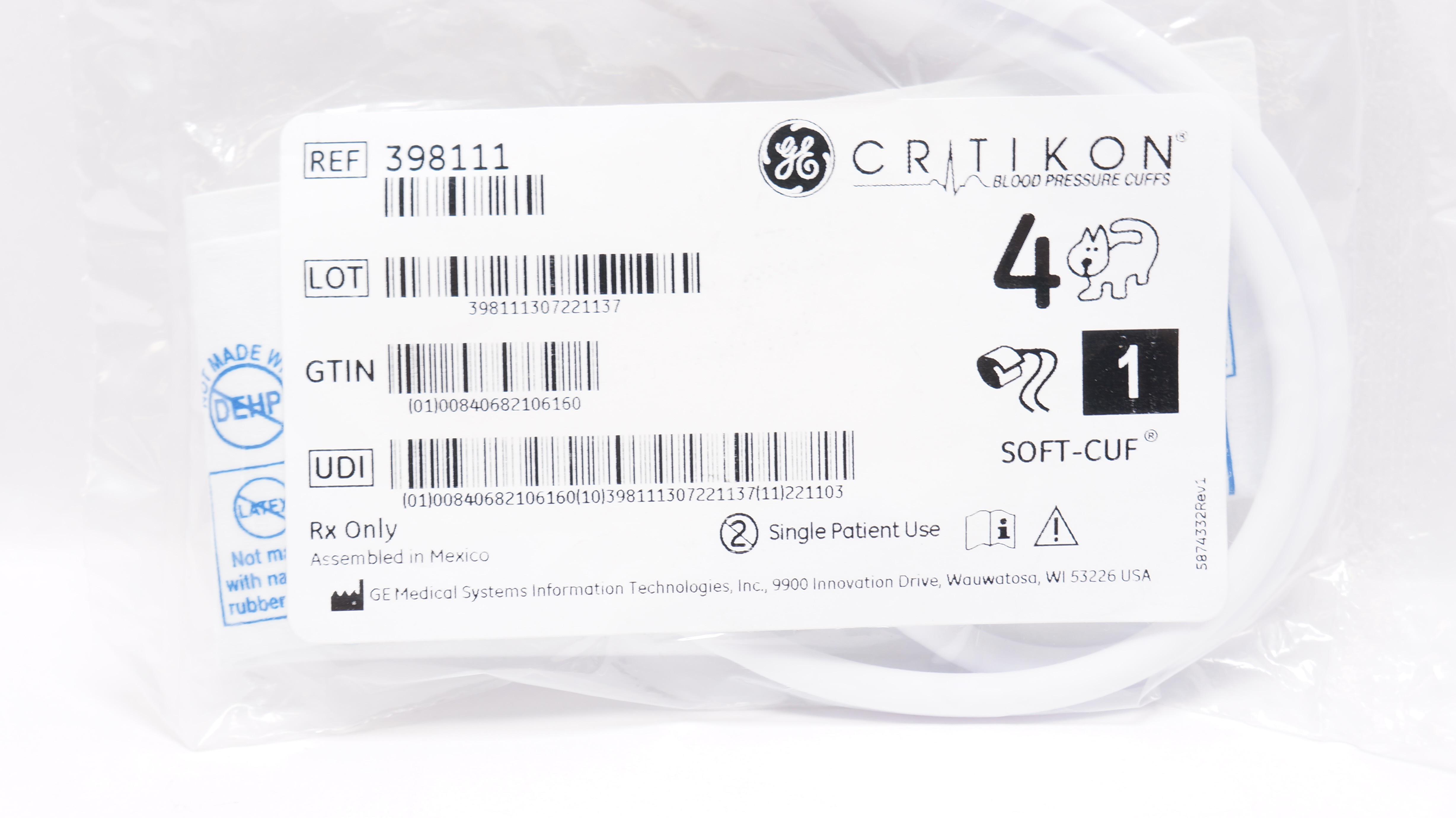 GE Medical 398111/ 2524 Critikon Blood Pressure Cuffs, Soft-Cuf Size 4, 7-13cm