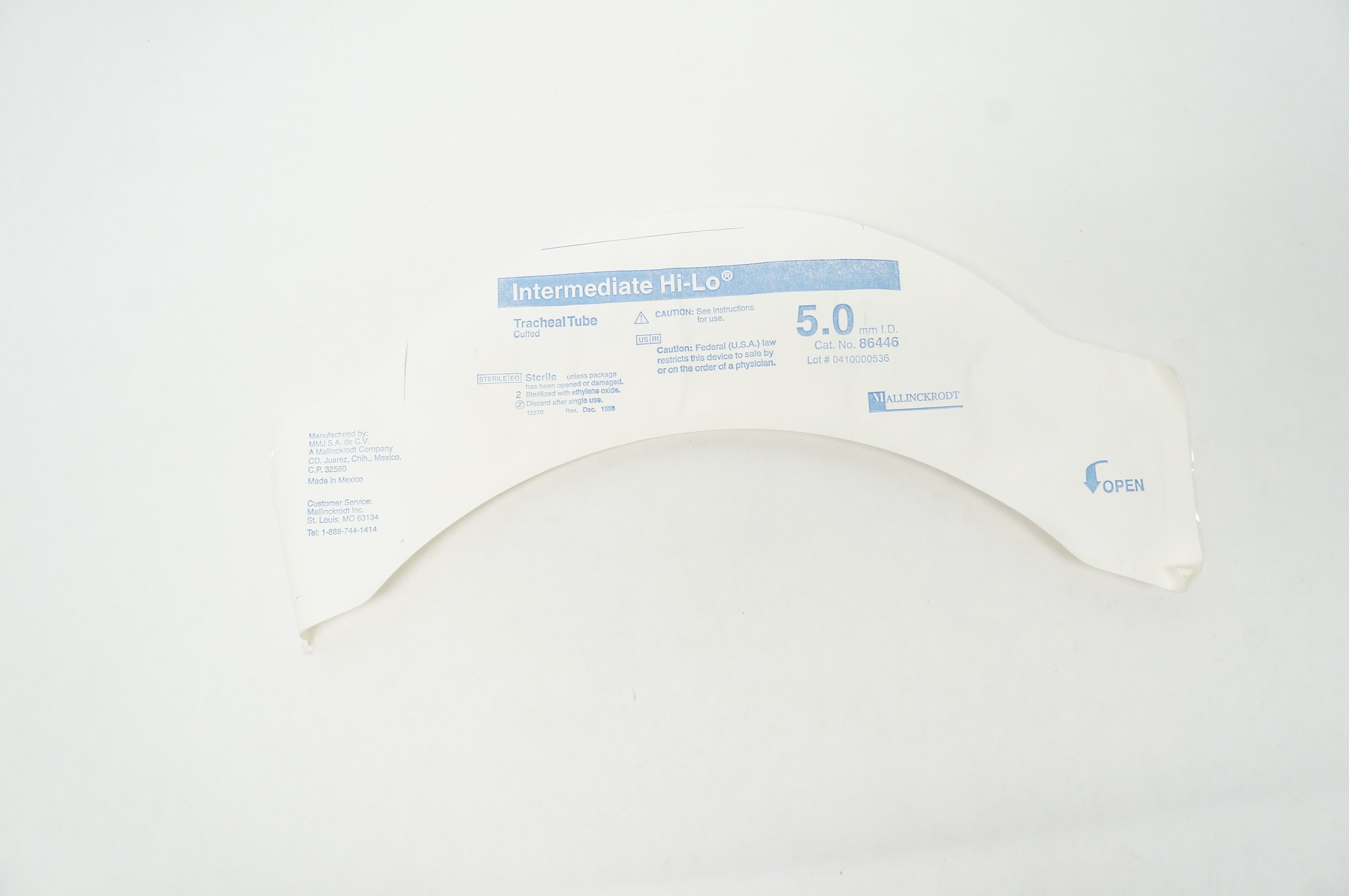 Mallinckrodt  86446 Intermediate Hi-Lo Tracheal Tube Cuffed 5.0mm I.D.