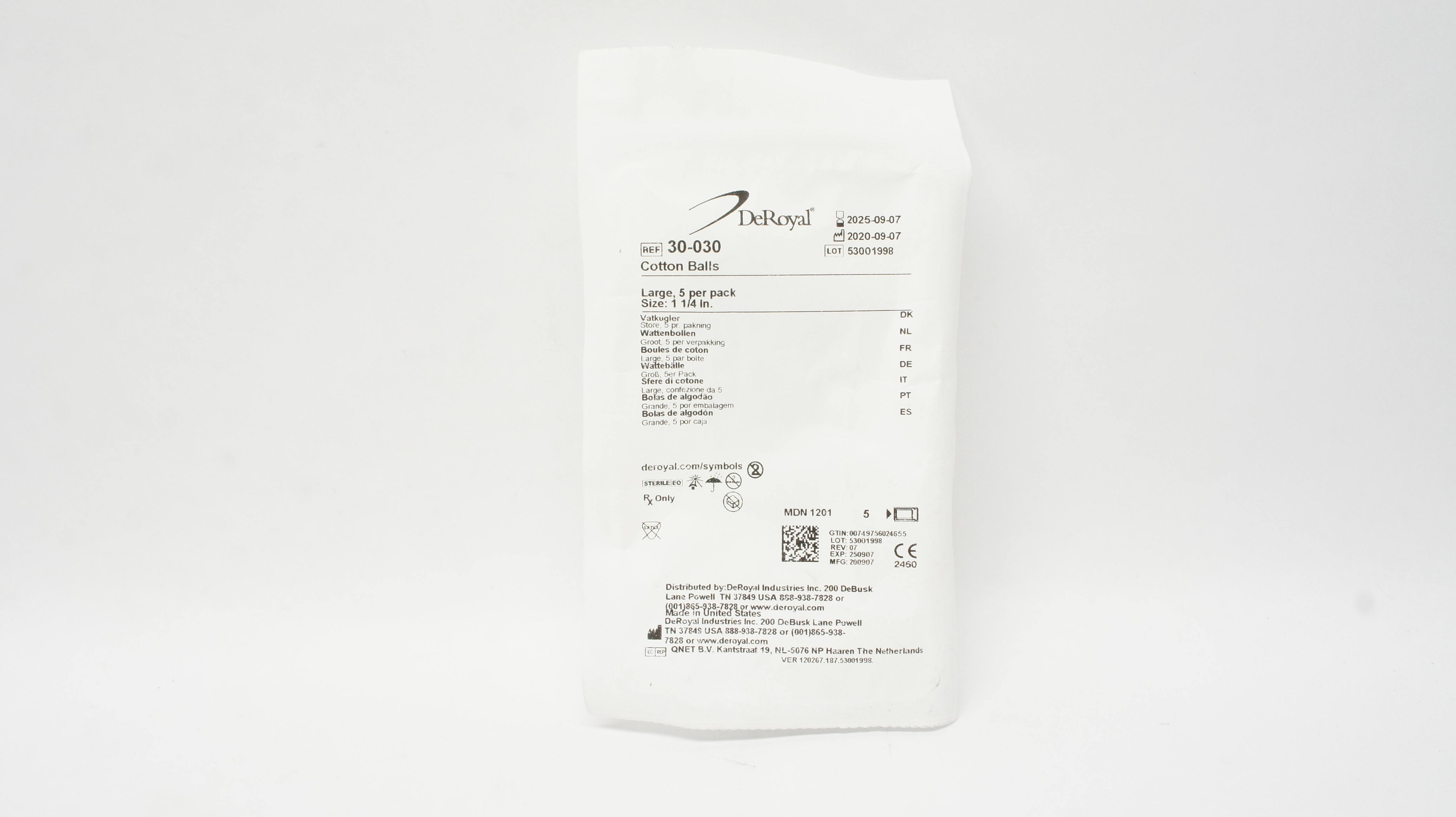 DeRoyal 30-030 Cotton Balls Large Size 1-1/4inch - Pack of 5