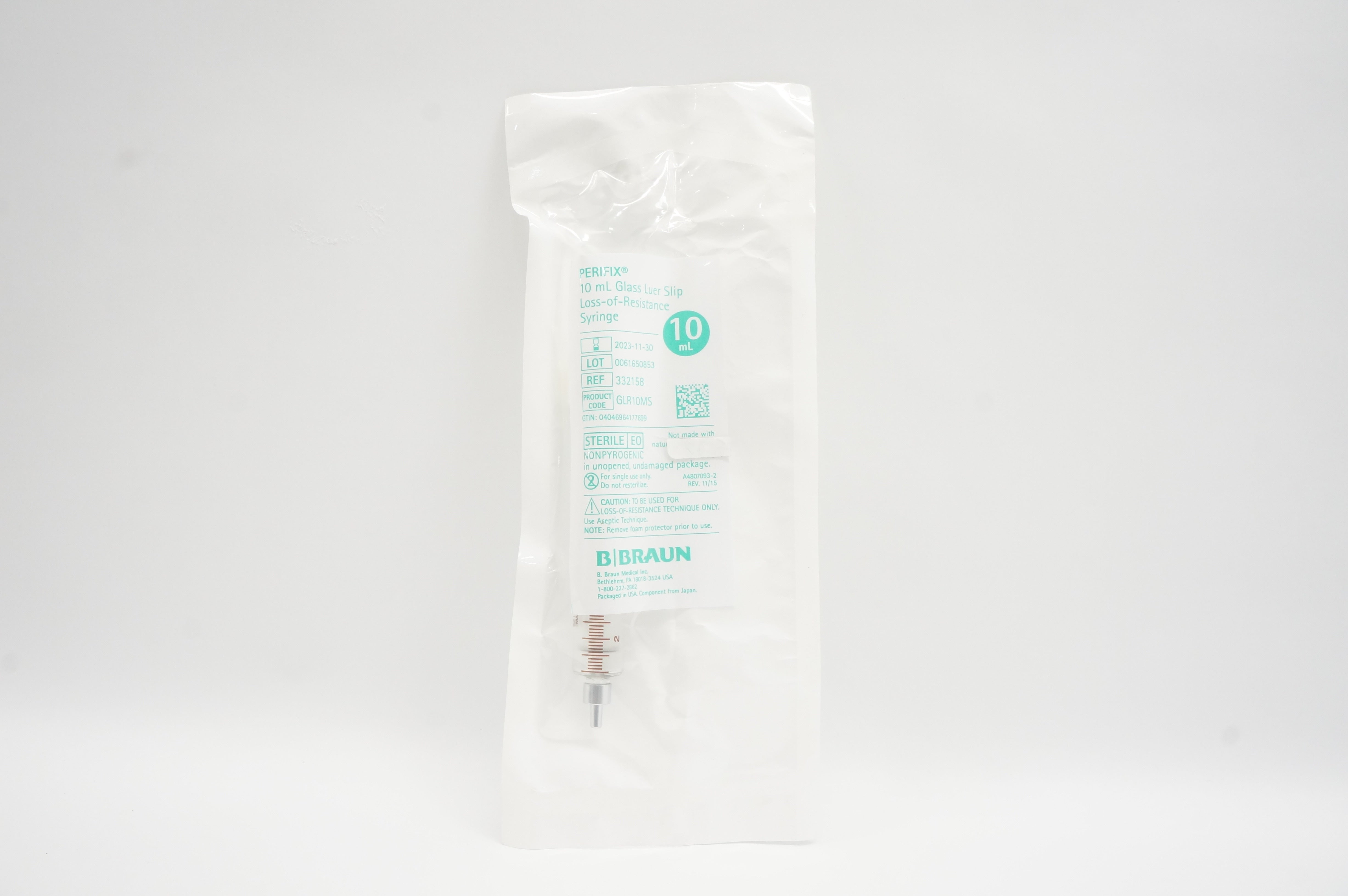 B. Braun 332158 Perifix 10ml Glass Luer Slip Loss-of-Resistance Syringe