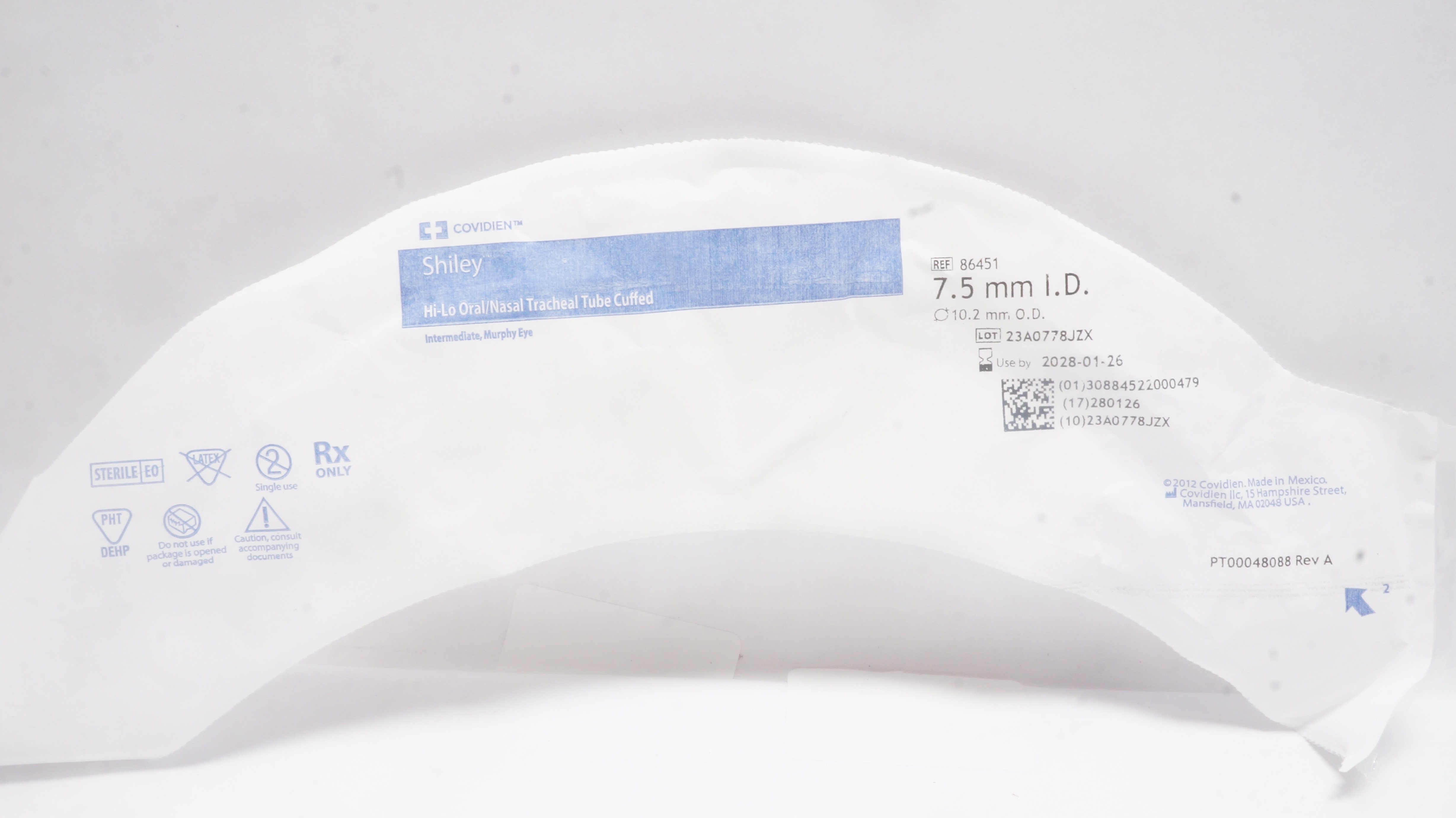 Covidien 86451 Shiley Hi-Lo Oral/Nazal Tracheal Tube Cuffed 7.5mm ID 10.2mm OD