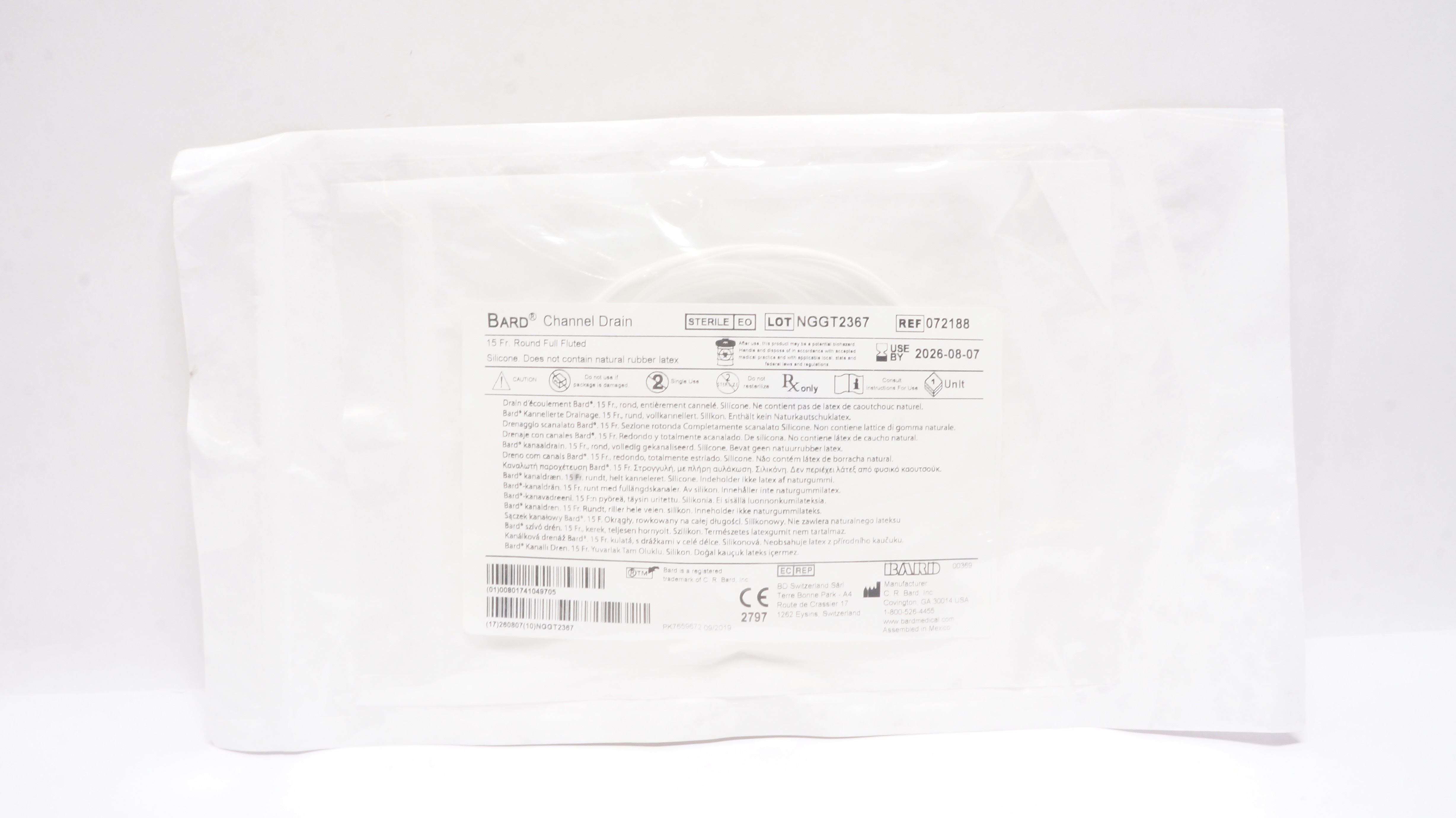 Bard 072188 Channel Drain 15 Fr. Round Full Fluted, Silicone