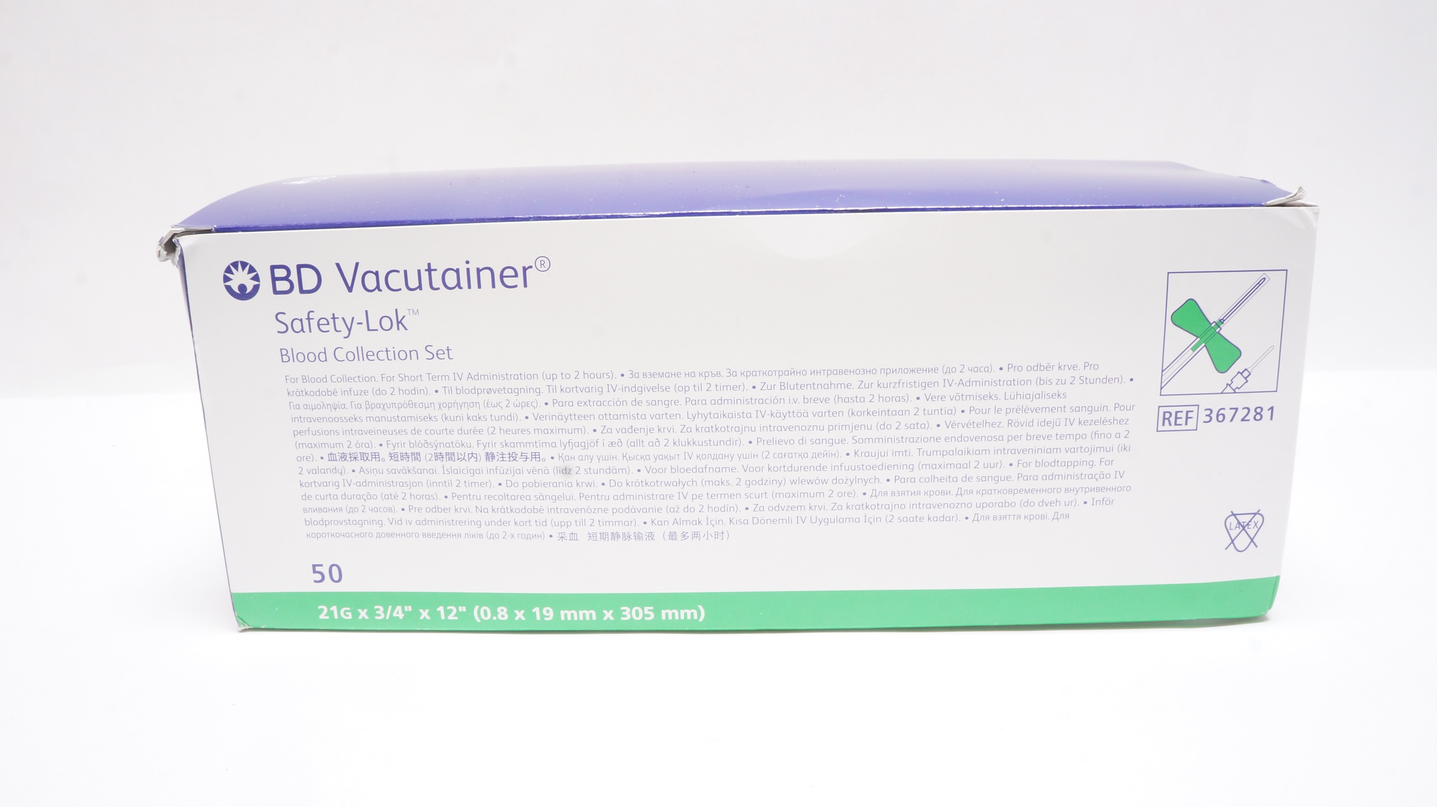 BD 367281 Vacutainer Safety-Lok Blood Collection Set 21Gx 3/4x12inch - Box of 50