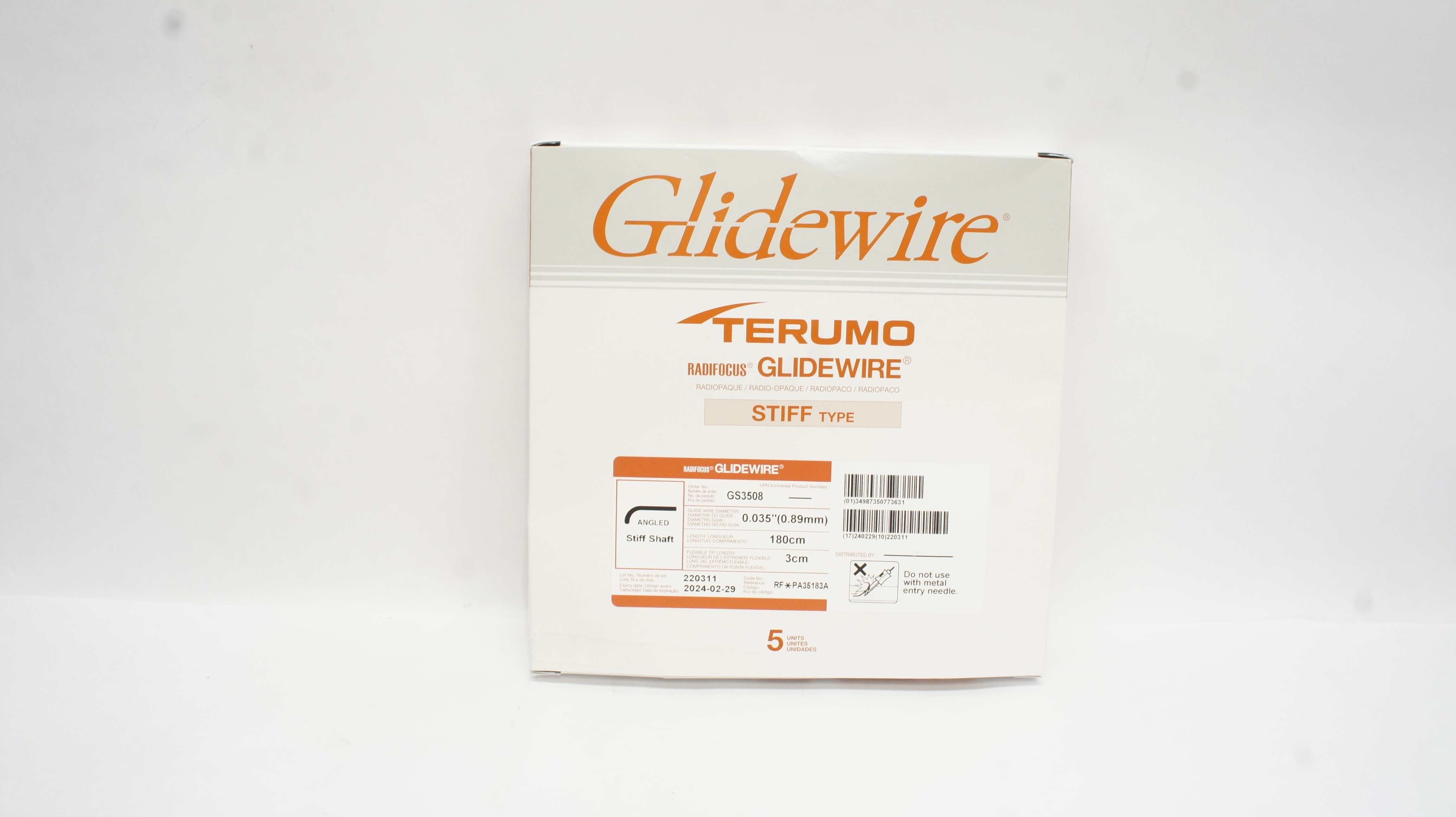 Terumo GS3508 Radifocus Glidewire Stiff Type  0.035inch x 180cm x 3cm -Box Of 5