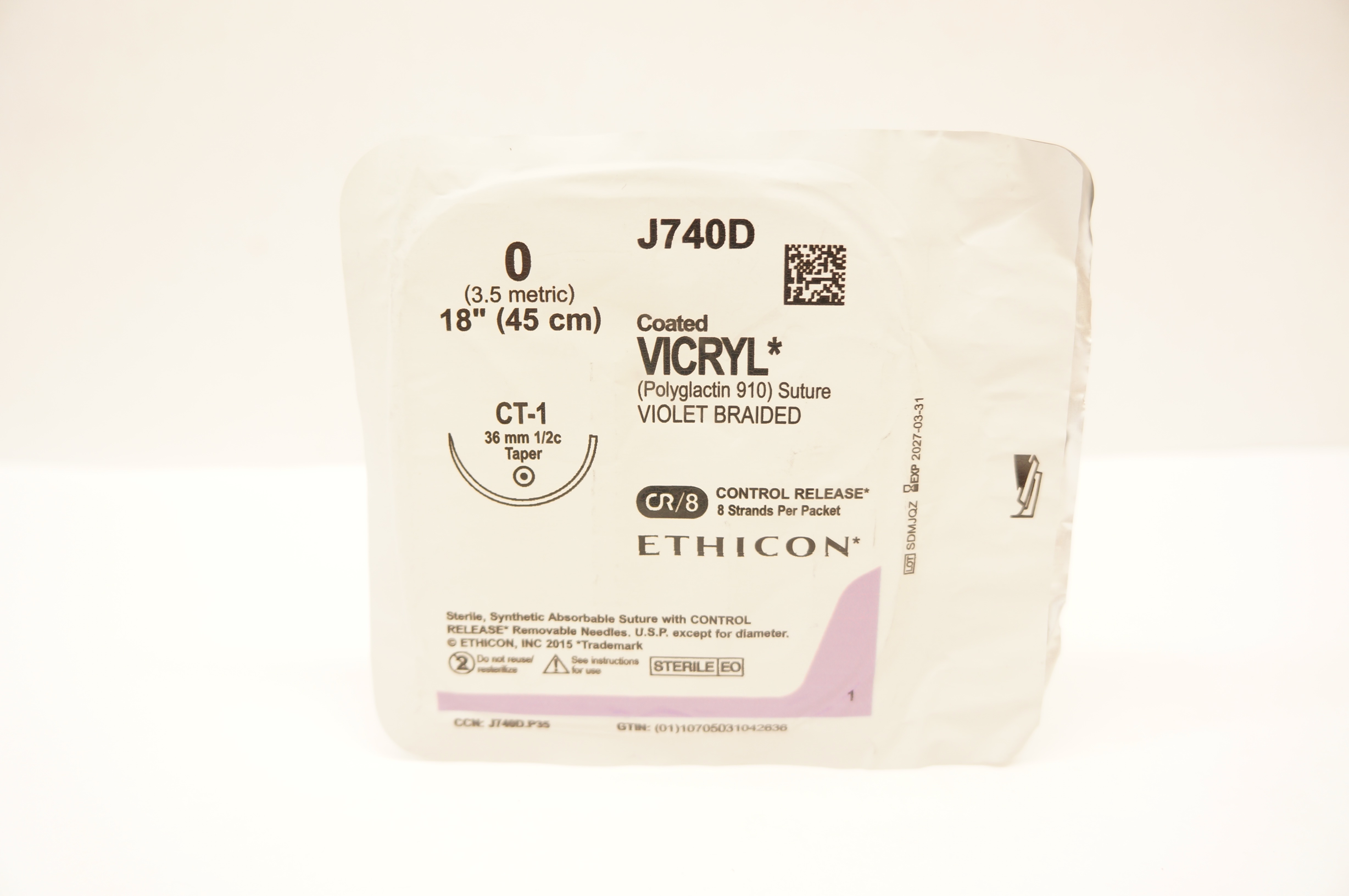 Ethicon J740D 0 Coated VICRYL Polyglactin 910 Stre CT-1 36mm 1/2c Taper, 18inch