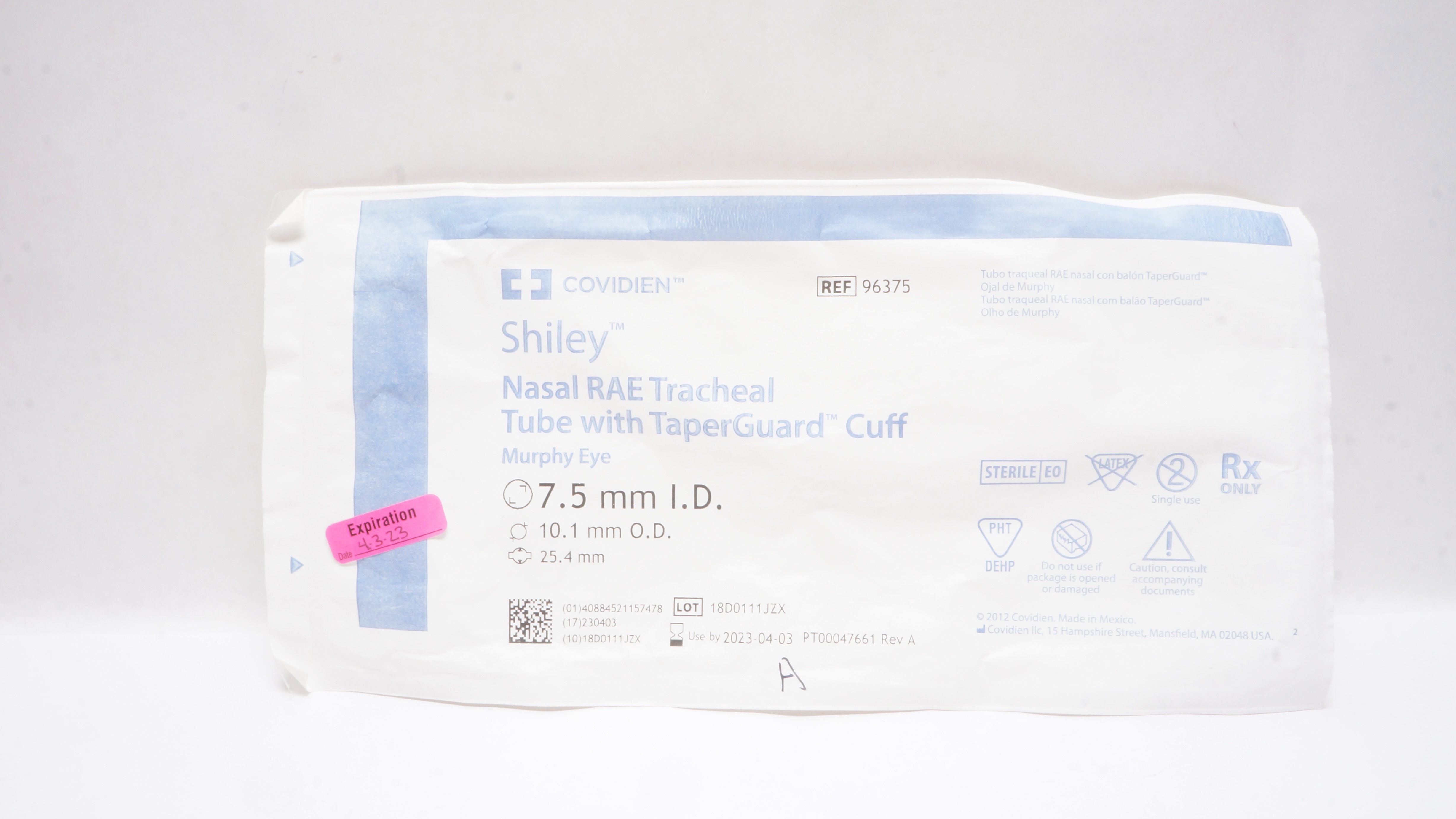 Covidien 96375 Shiley Nasal RAE Tracheal Tube w/Cuff 7.5ID x 10.1OD x 25.4mm (x)