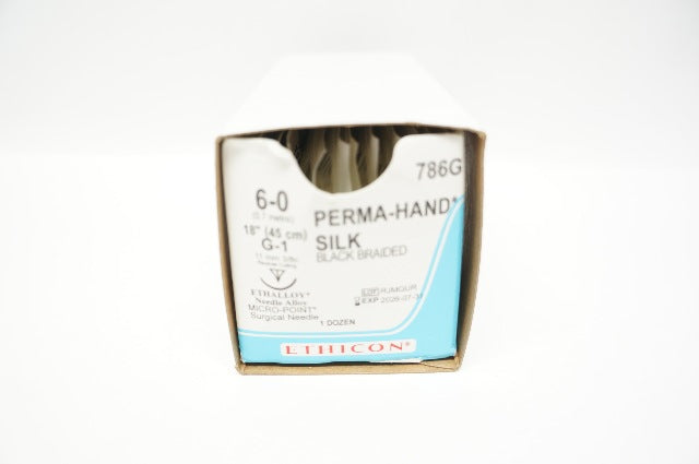 Ethicon 786G 6-0 PERMA-HAND SILK G-1, 11mm 3/8c Reverse Cutting, 18in -Box of 11
