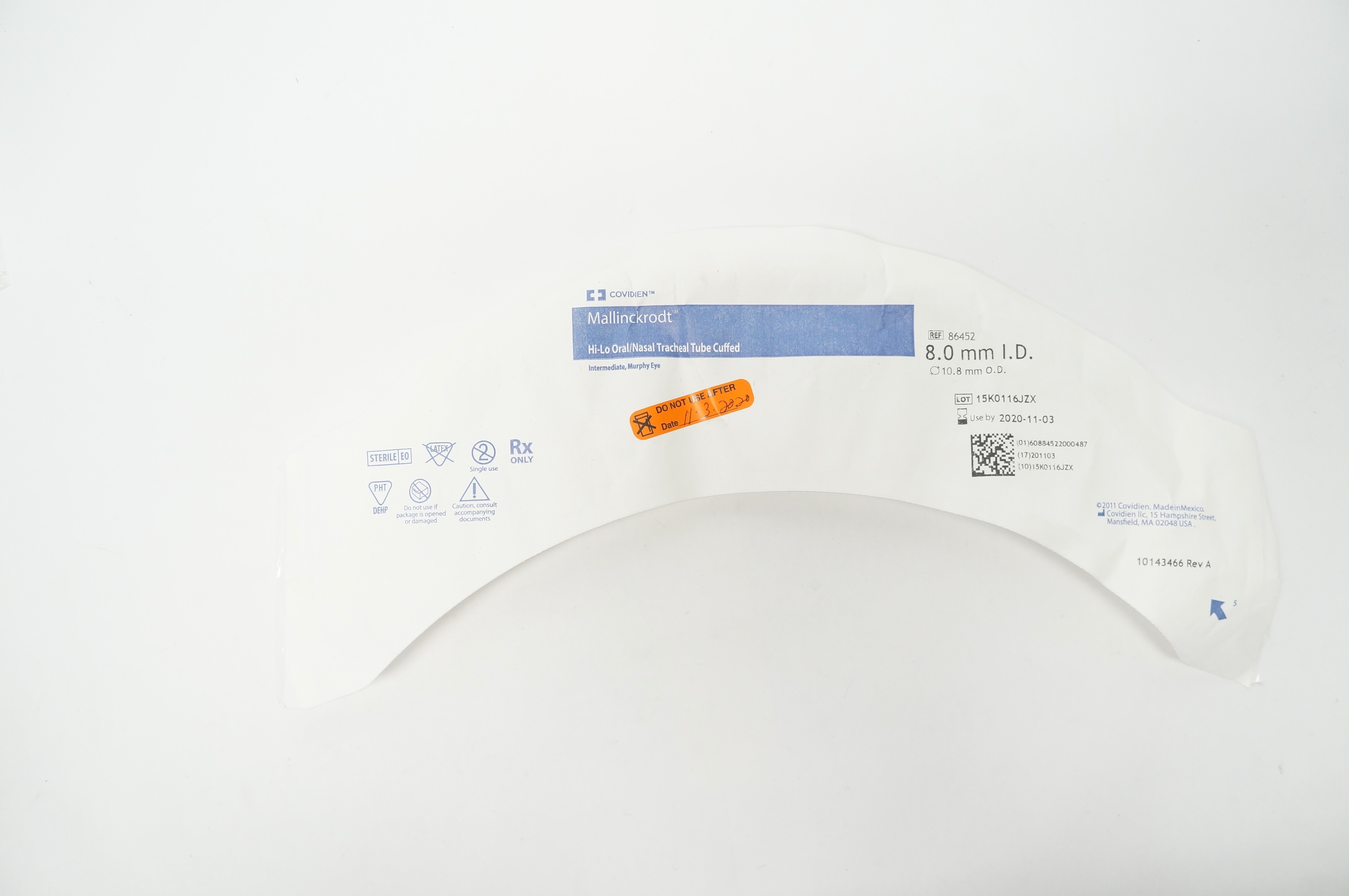 Covidien 86452 Mallinckrodt Hi-Lo Oral/Nasal Tracheal Tube Cuffed 8.0mm ID (x)
