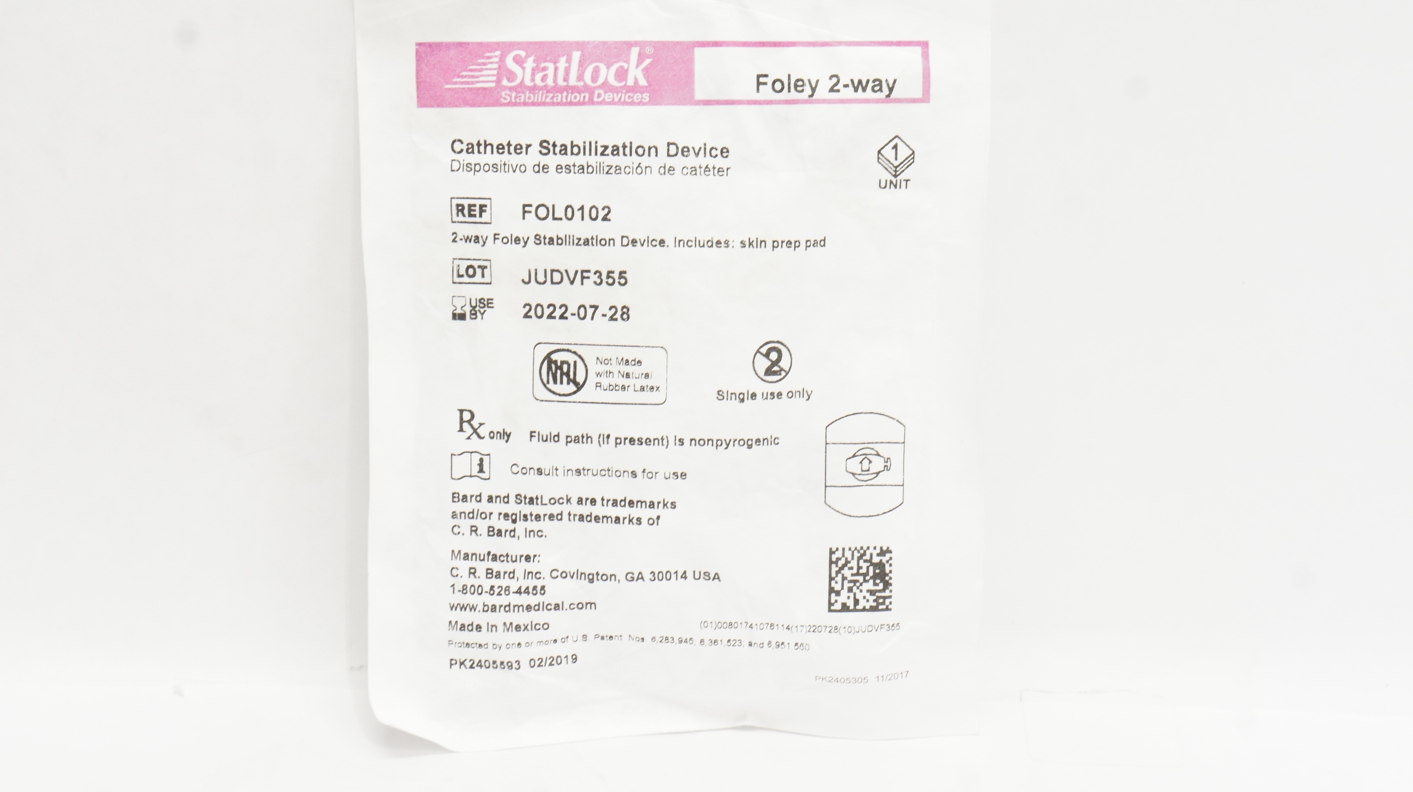 Bard FOL0102 Statlock Cath.Stabilization Device Foley 2-way (x)