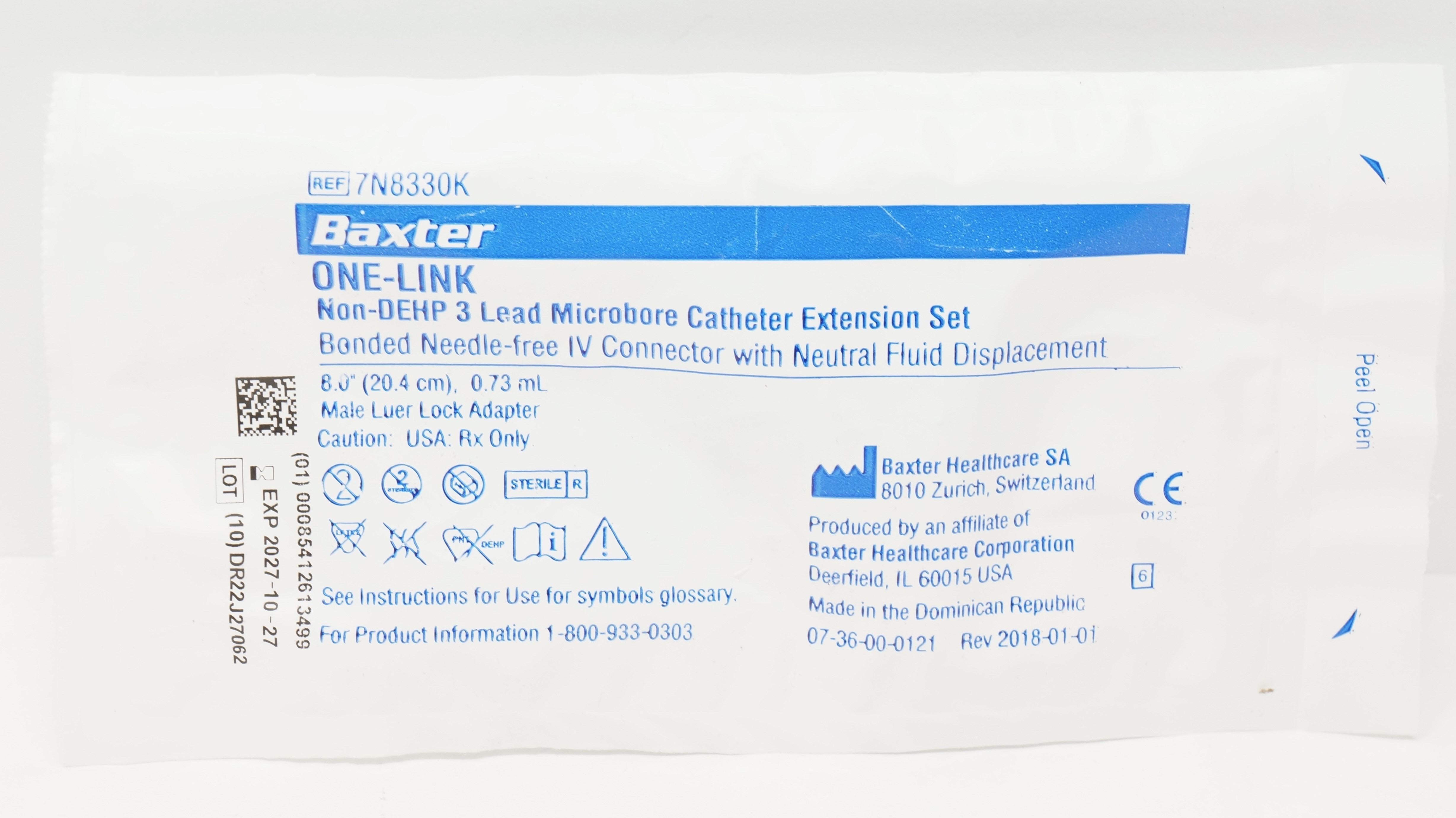 Baxter 7N8330K One-Link Non-DEHP 3 Lead Microbore Cath. Extension Set 8.0inch