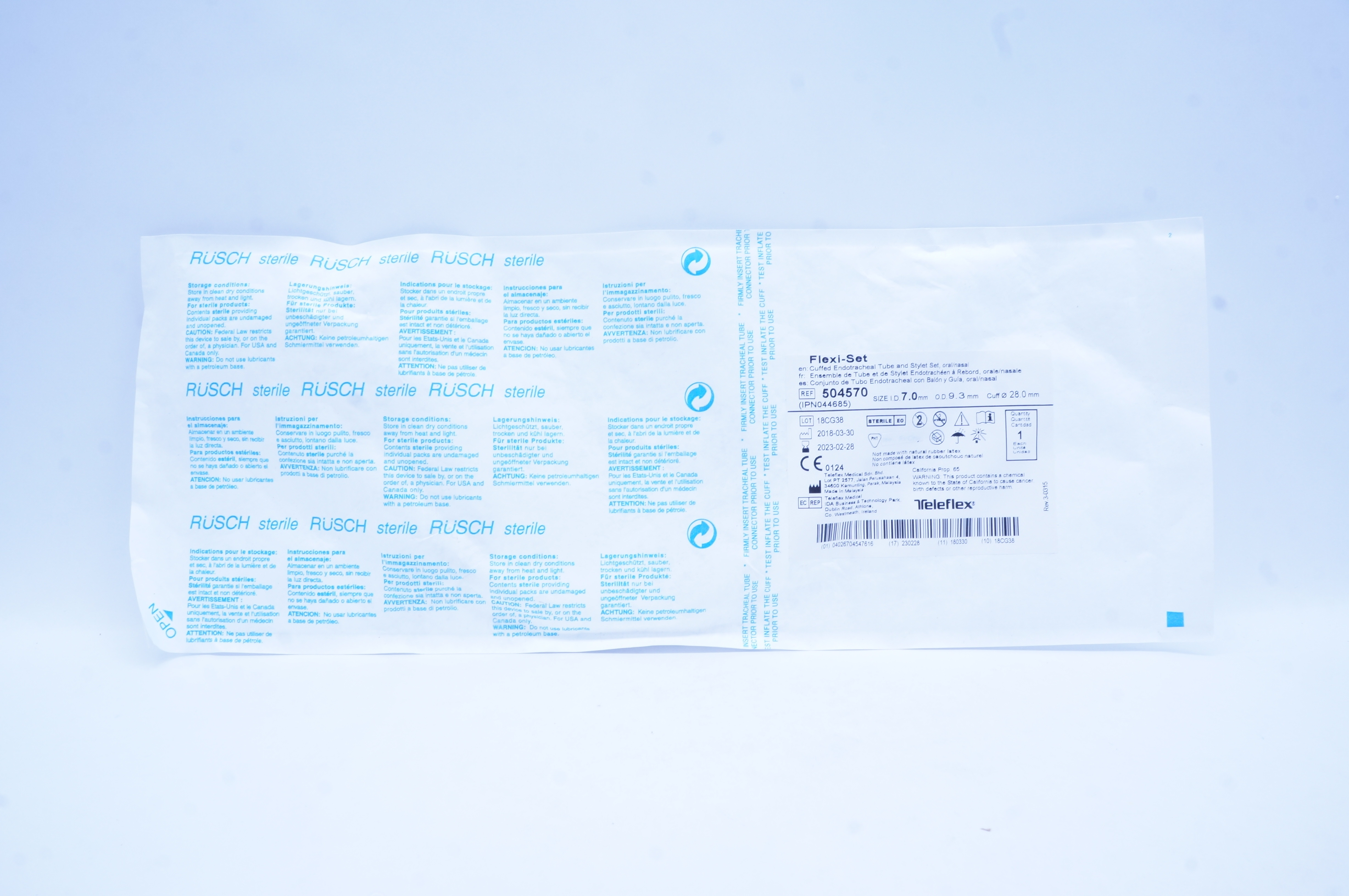 Teleflex 504570 Flexi-Set Cuffed Endotracheal Tube 7.0 I.D. x 9.3 O.D. x 28.0mm