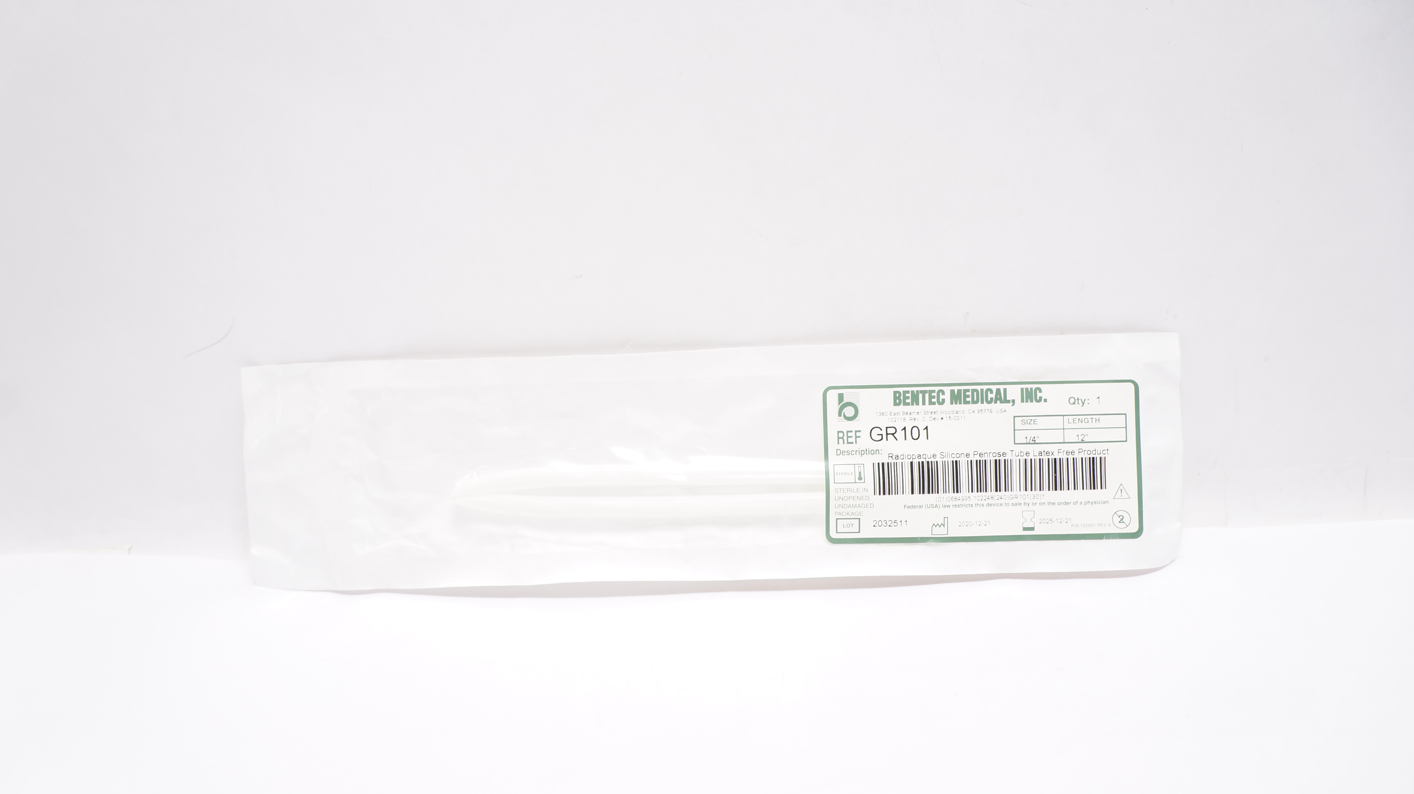 Bentec Medical GR101 Silicone Tubing, Prenrose Drain 1.4In OD x 12In Length