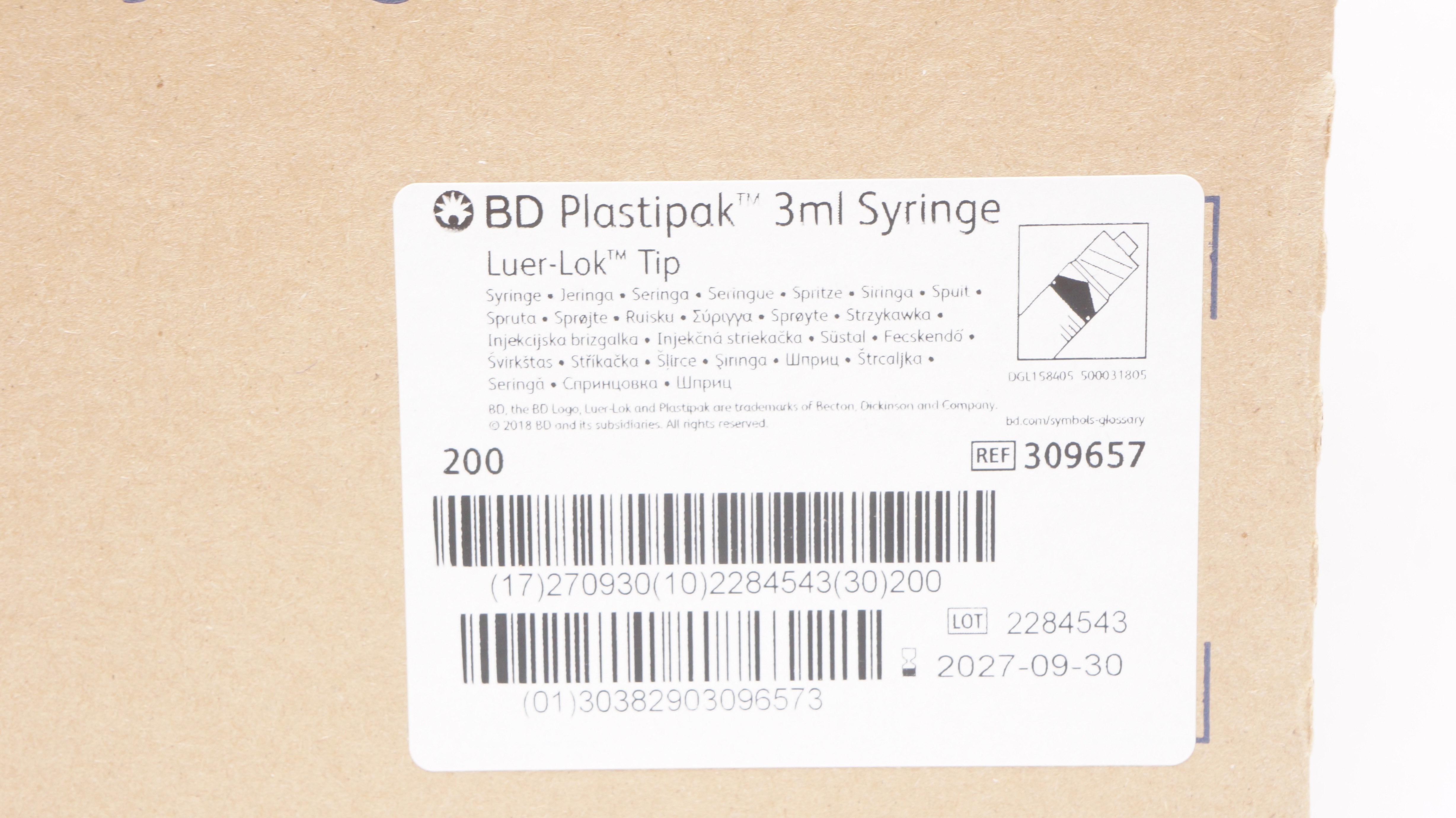 BD 309657 Plastipak Luer-Lok Tip, Syringe 3ml - Box of 200