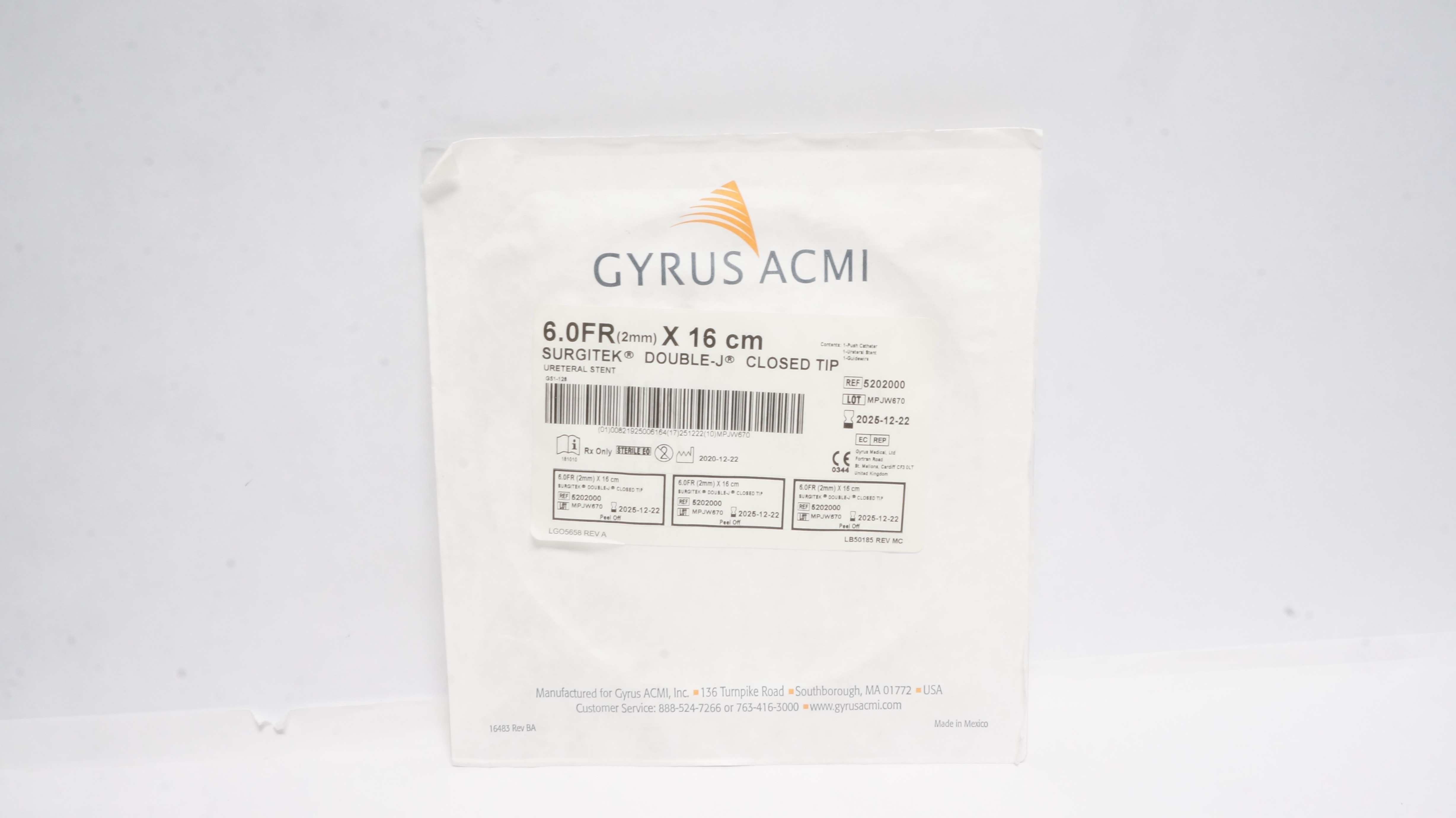 Gyrus ACMI 5202000 Surgitek Double-J Closed Tip Ureteral Stnt 60Frx16cm (X)