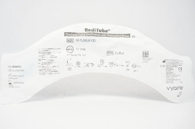 Vyaire 8050RTC RedTube Tracheal Tube Oral/Nasal W/Preloaded Stylet ID5.0/6.9 OD