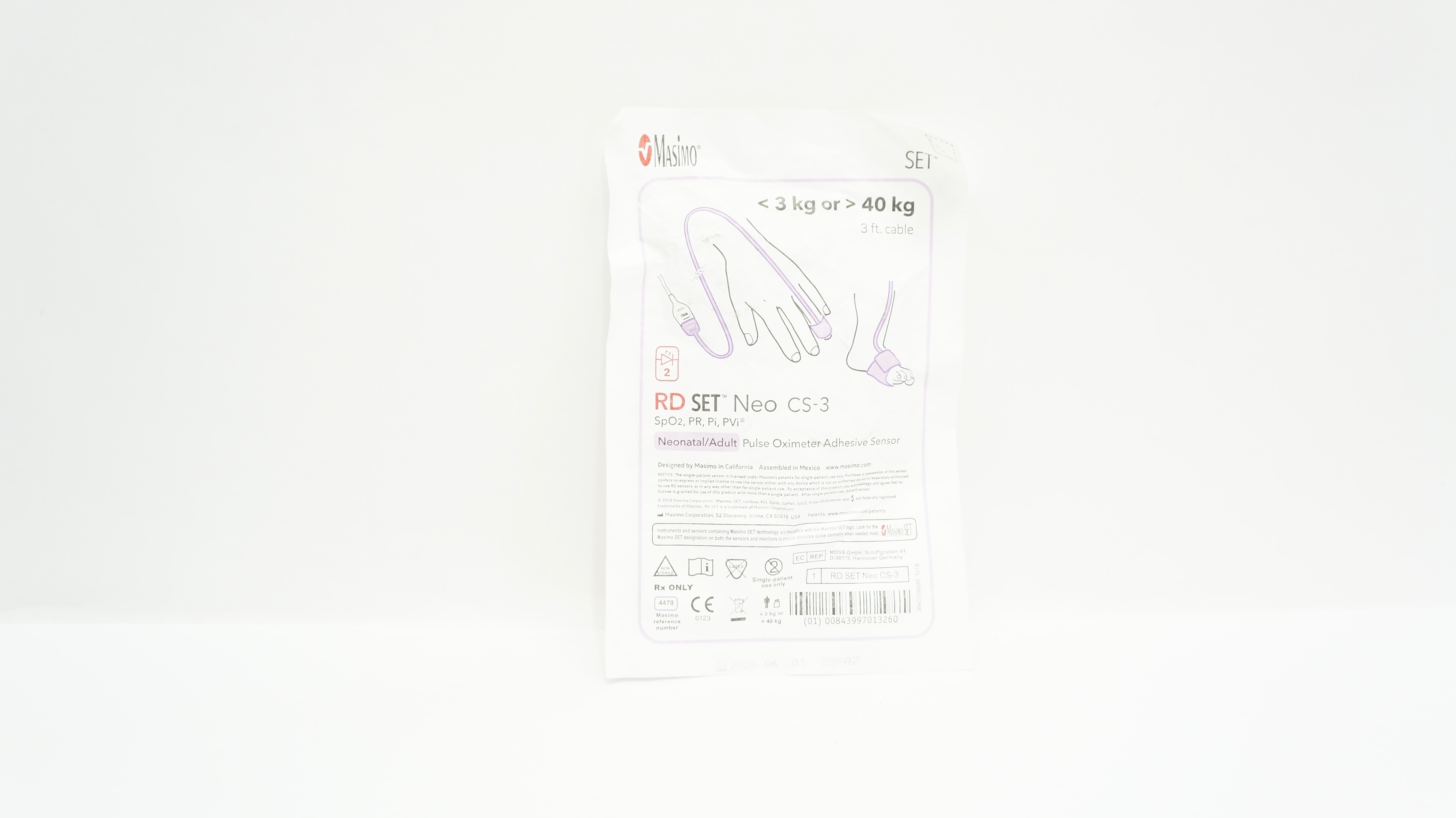 Masimo 4478 Neo CS-3 Neonatal/Adult Pulse Oximeter Adhesive Sensor <3kg or >40kg