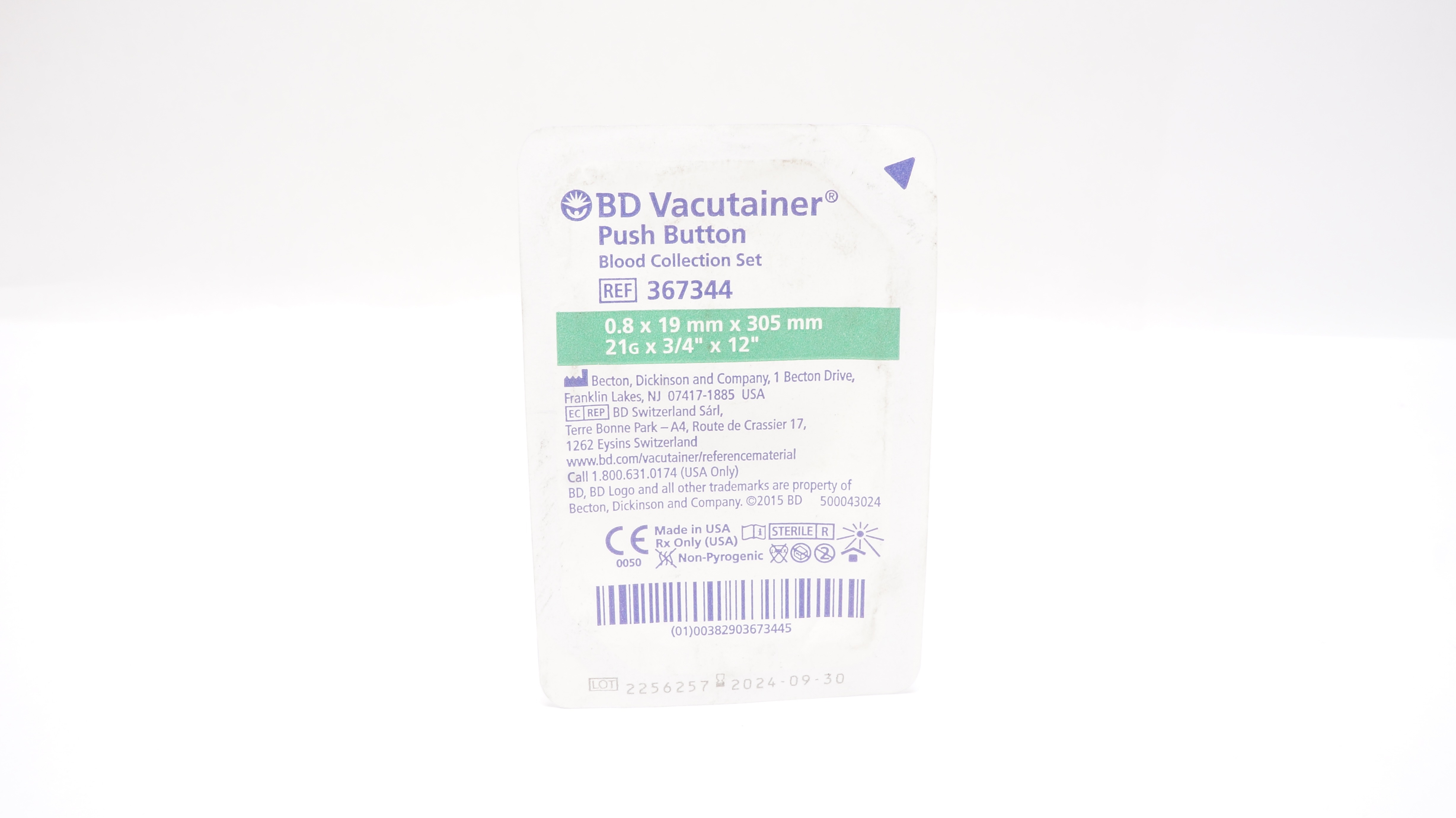 BD 367344 Vacutainer Push Button Blood Collection Set 21G x 3/4inch x 12inch