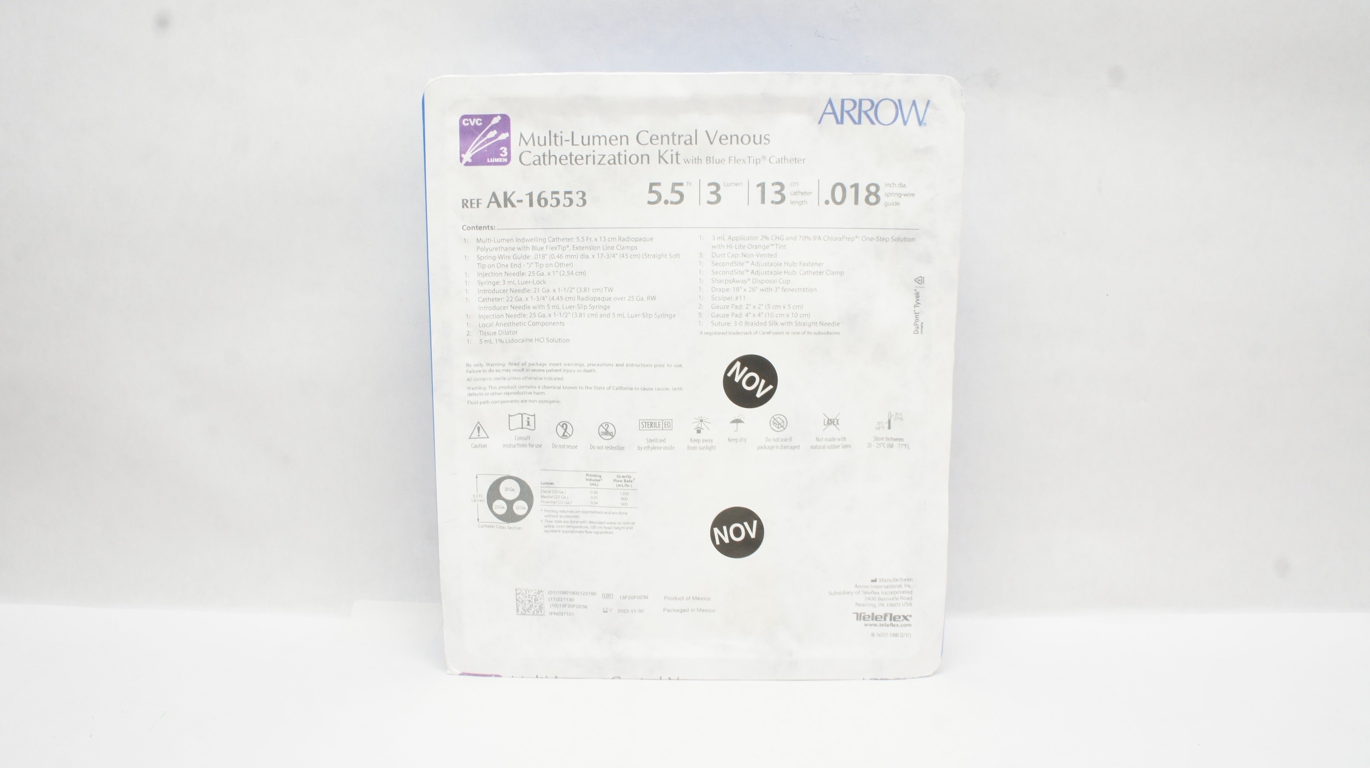 Arrow AK-16553 Multi-Lumen Central Venous Cath. Kit 5.5Fr x 13cm x .018inch (x)