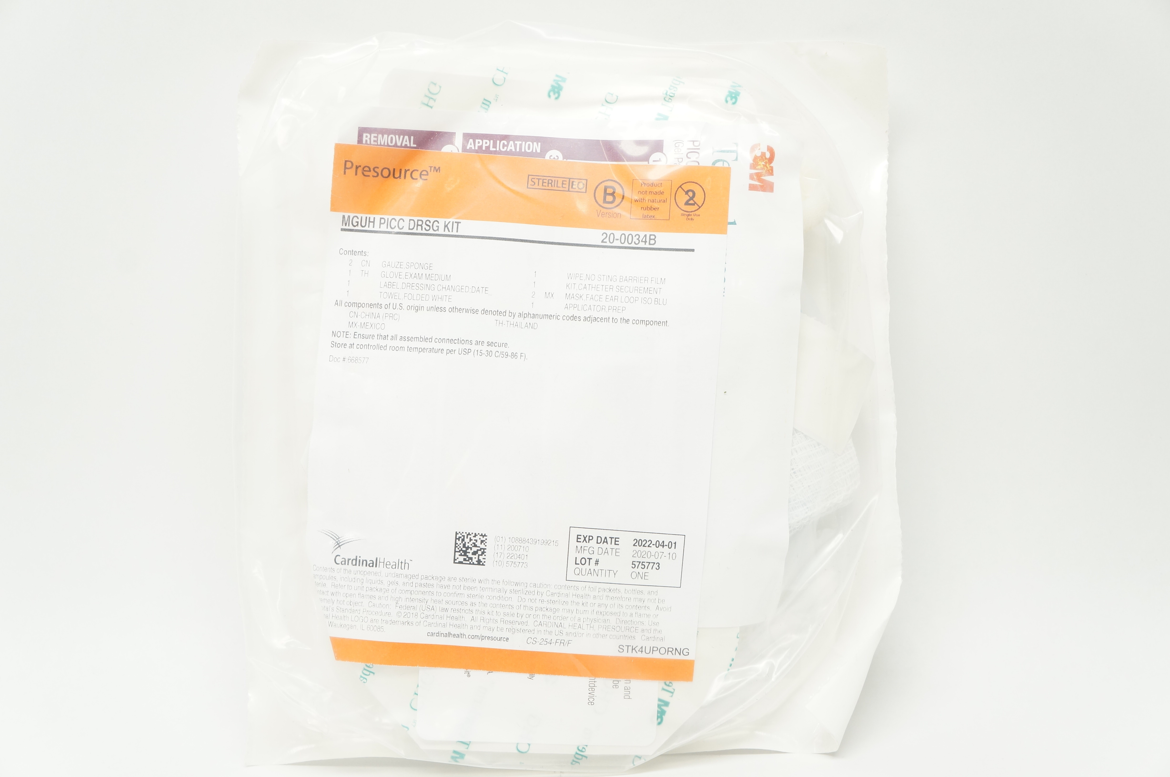 Cardinal Health 20-0034B Presource MGUH PICC DRSG Kit