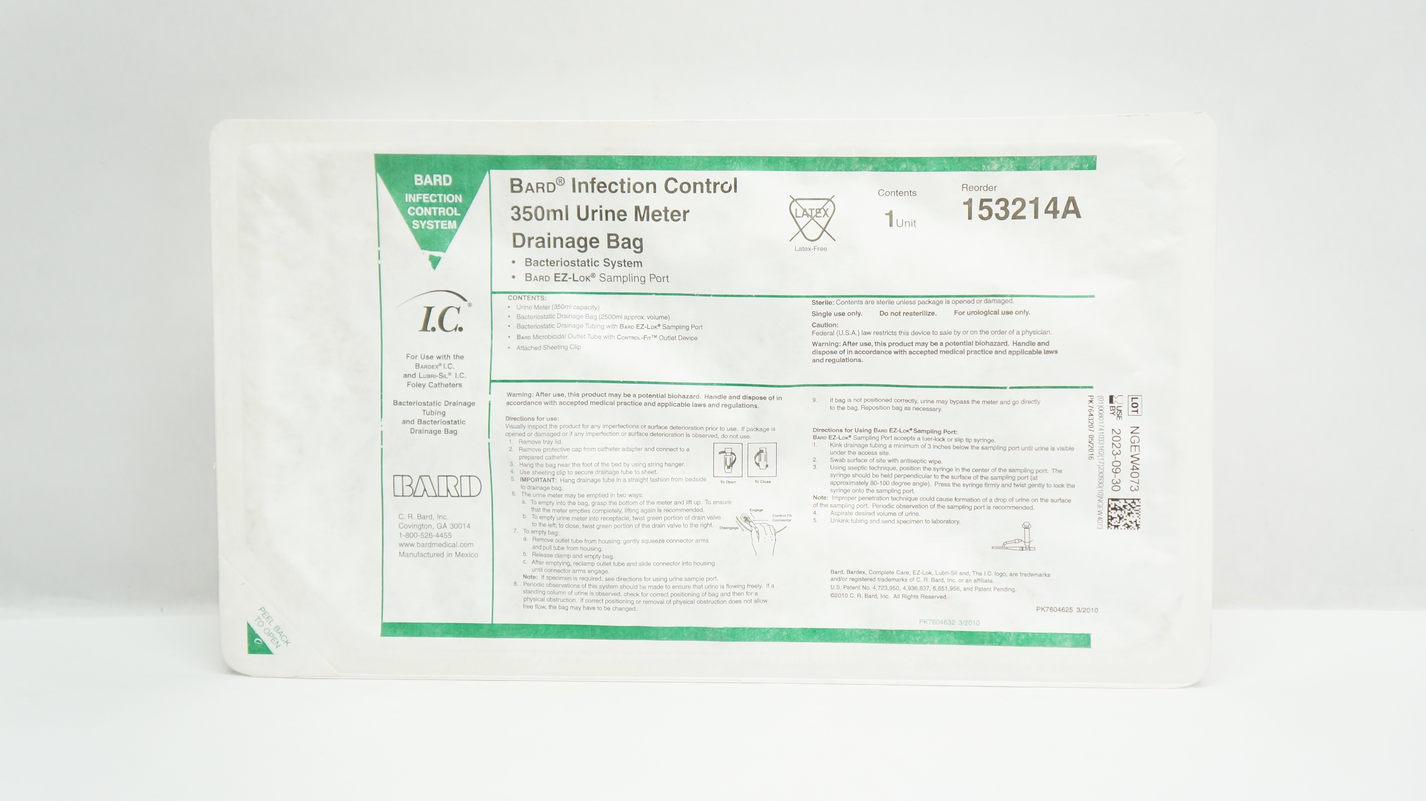Bard 153214A Infection Control Urine Meter Drainage Bag 350mL (x)