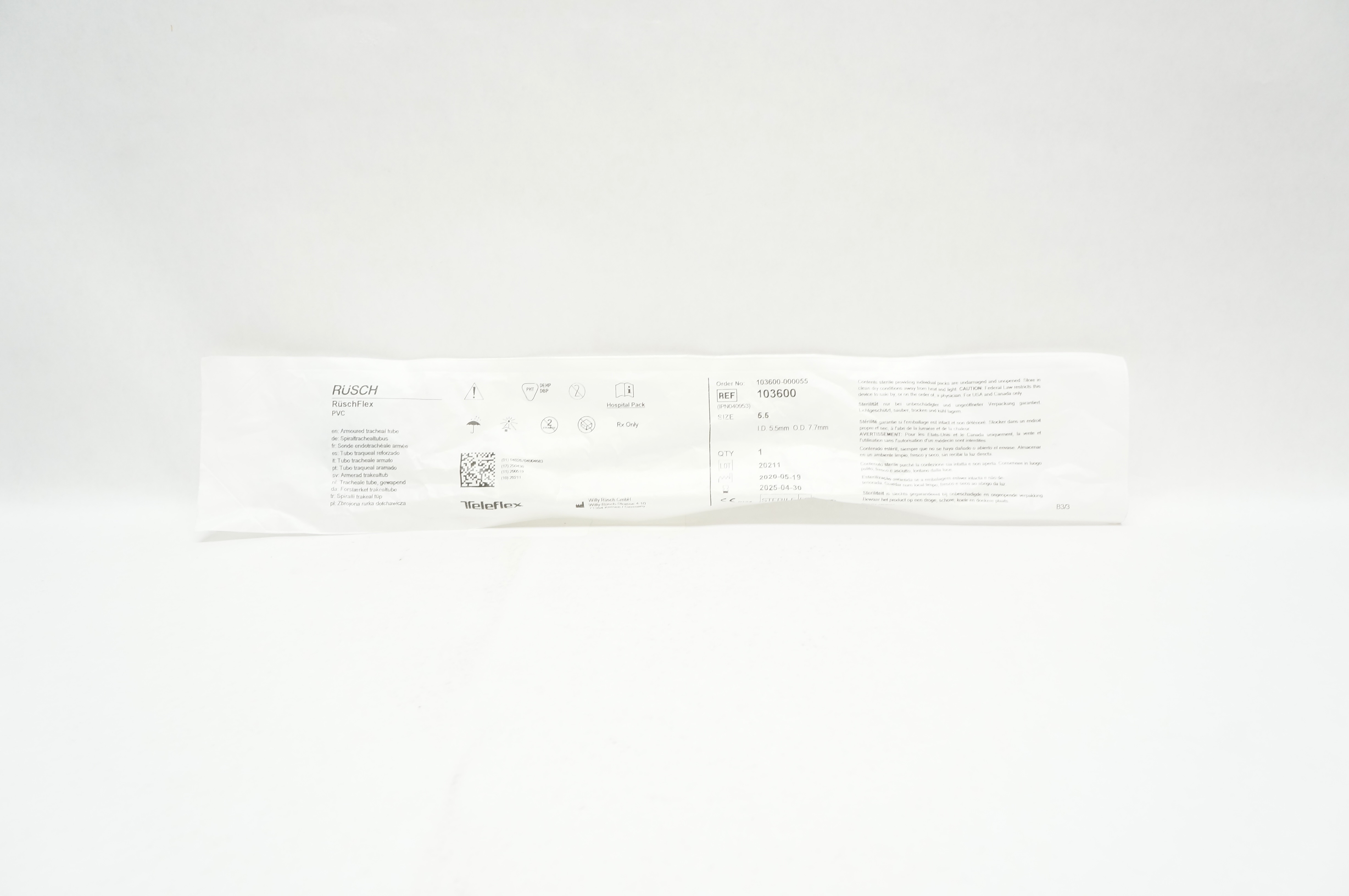 Teleflex 103600 Rusch Flex PVC Armoured Tracheal Tube 5.5mm